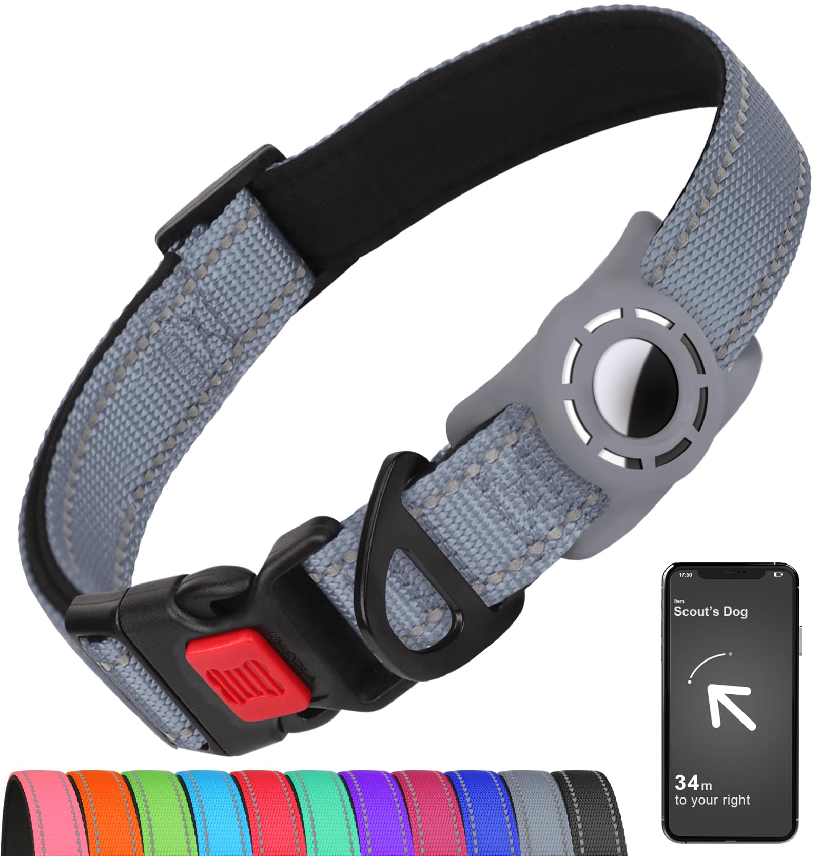 AirTag Dog Collar Reflective Waterproof Adjustable Nylon