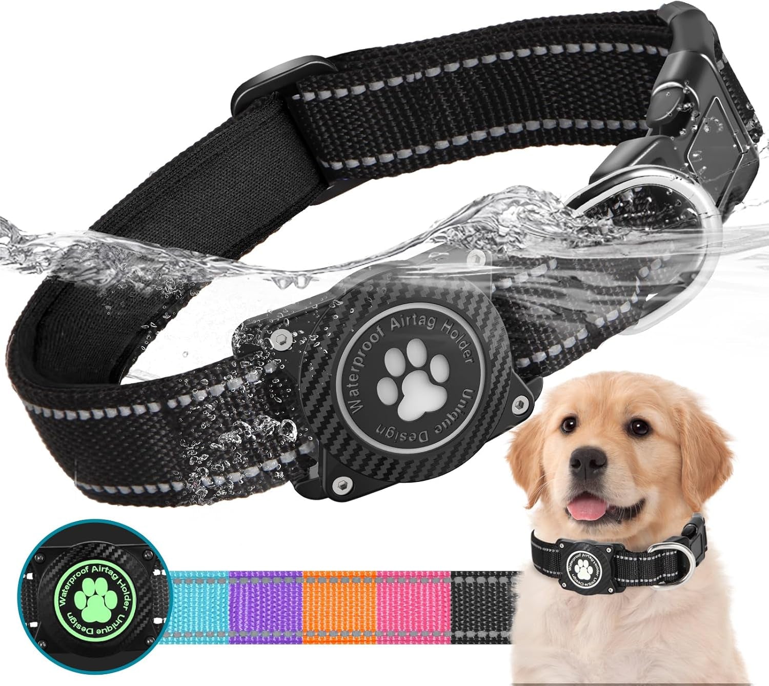 Airtag Dog Collar – Waterproof Reflective Nylon Collar with Airtag Holder, Adjustable for Small to Large Dogs, Luminous Design for Night Safety - Abbycart
