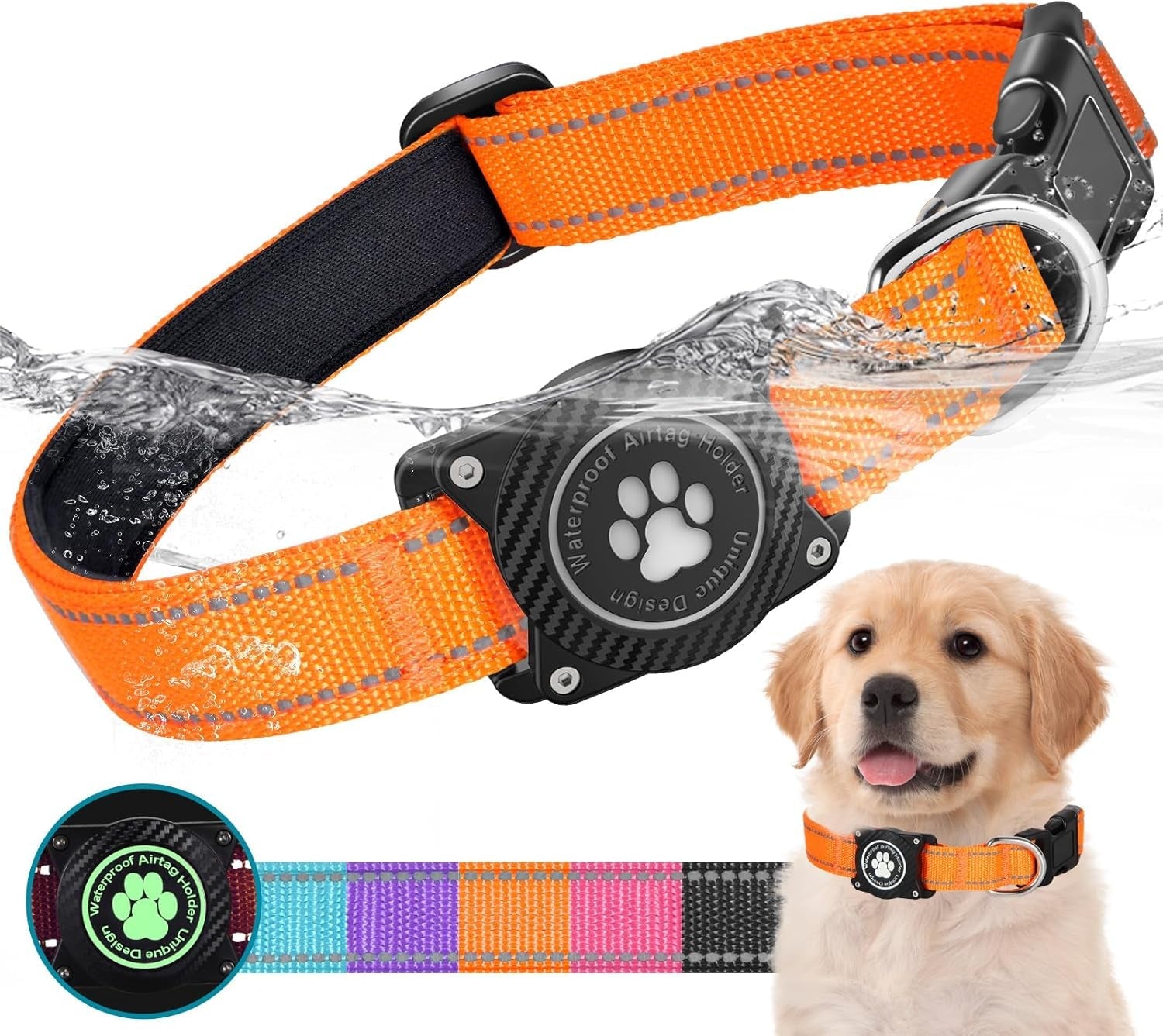 Airtag Dog Collar – Waterproof Reflective Nylon Collar with Airtag Holder, Adjustable for Small to Large Dogs, Luminous Design for Night Safety - Abbycart