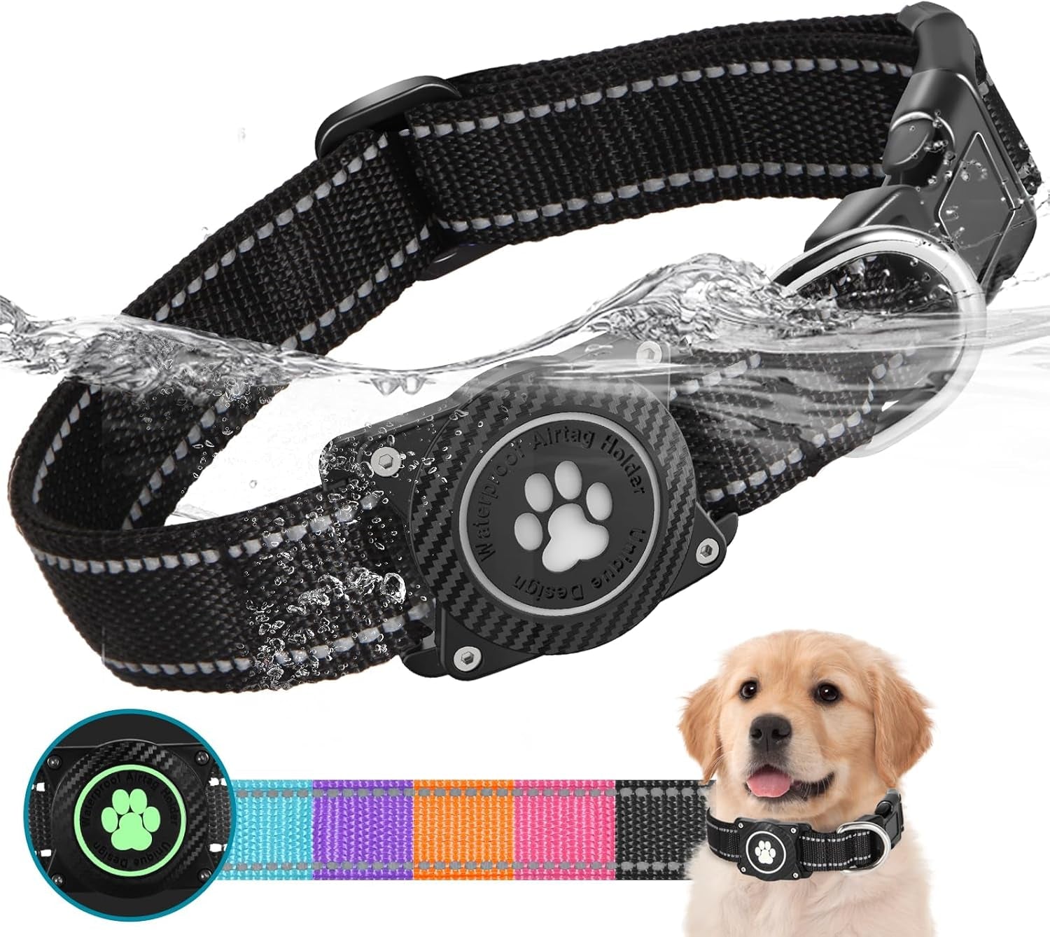 Airtag Dog Collar – Waterproof Reflective Nylon Collar with Airtag Holder, Adjustable for Small to Large Dogs, Luminous Design for Night Safety - Abbycart