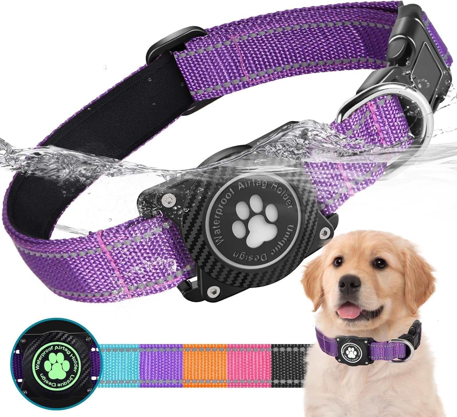 Airtag Dog Collar – Waterproof Reflective Nylon Collar with Airtag Holder, Adjustable for Small to Large Dogs, Luminous Design for Night Safety - Abbycart