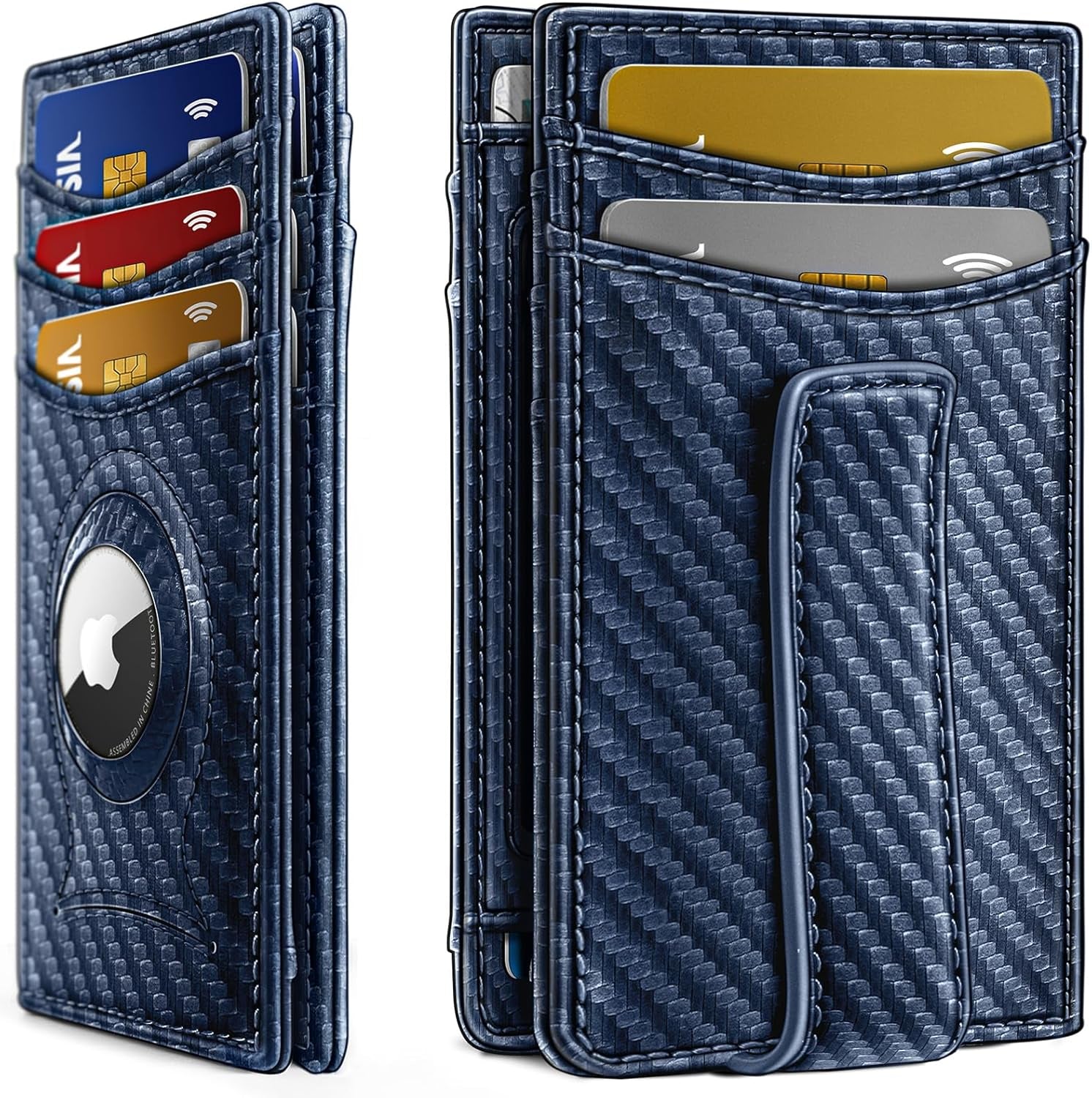 Airtag Men’s Wallet – Slim RFID Blocking Card Holder with Money Clip, Purplish Blue / Leather