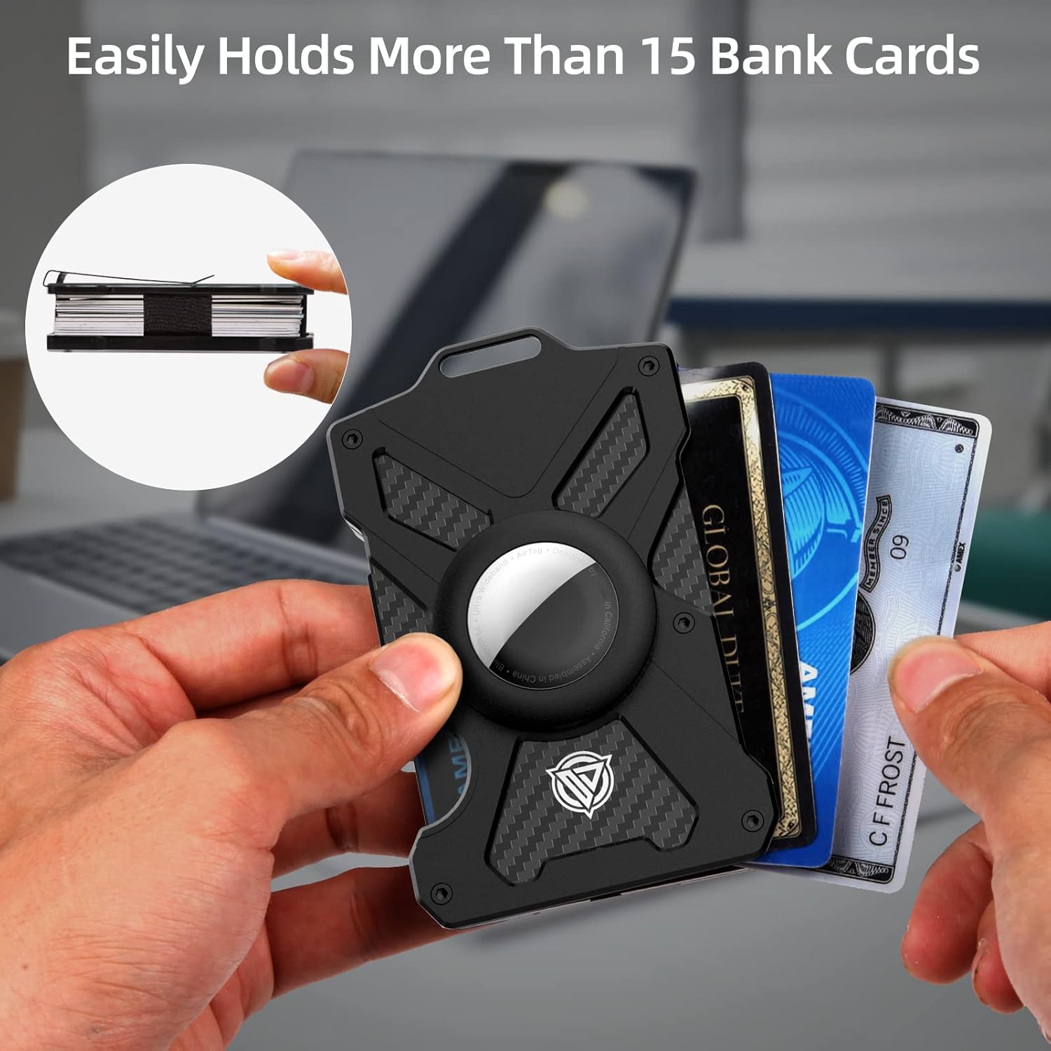AirTag Wallet for Men (No AirTag) with Clear ID Card Holder, RFID Blocking Carbon Fiber Slim Tactical Wallet, Metal Minimalist Front Pocket Wallet Holds 15 Cards - Abbycart