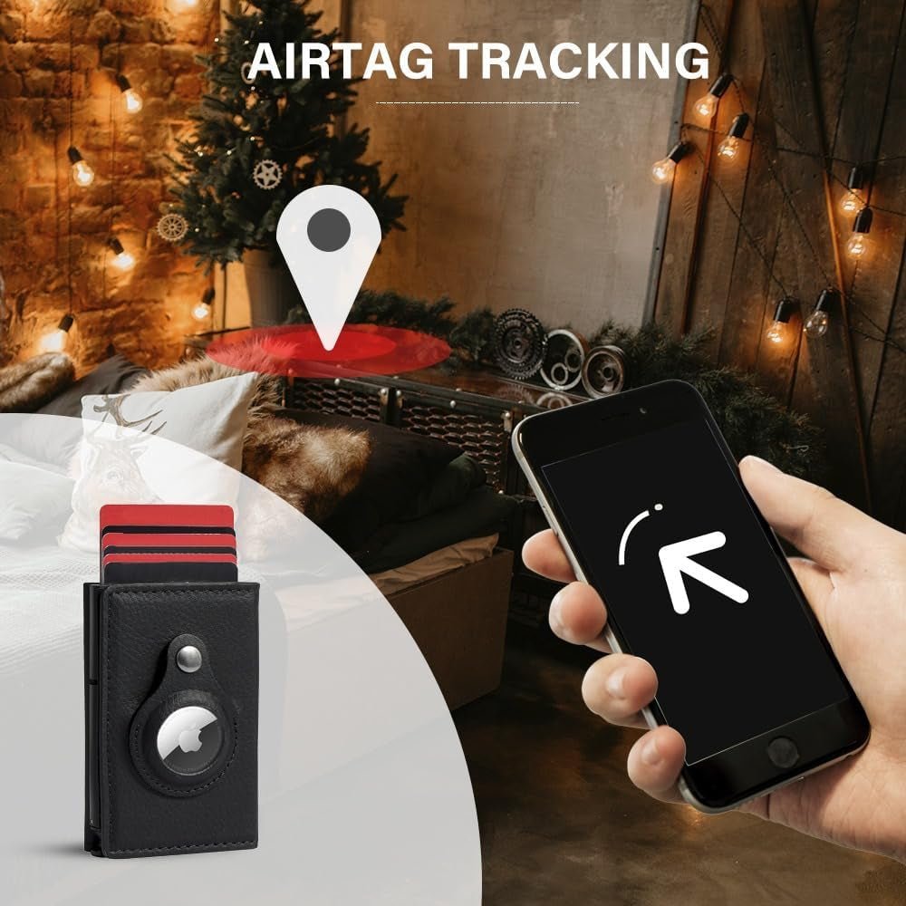 Airtag Wallet for Men - RFID Blocking Leather Slim Wallet with AirTag Holder, Pop - Up Card Slot, Money Clip, and ID Window - Abbycart