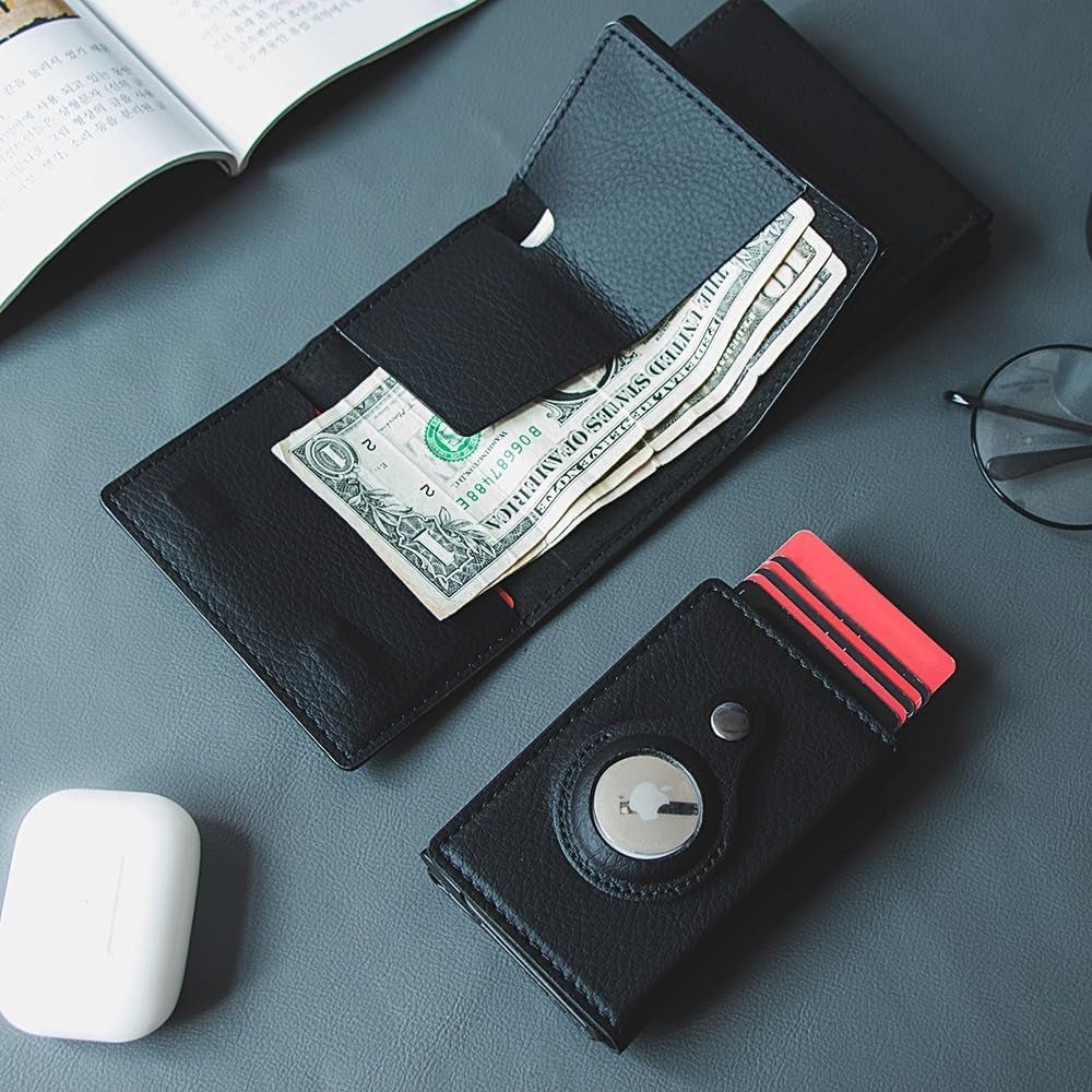Airtag Wallet for Men - RFID Blocking Leather Slim Wallet with AirTag Holder, Pop - Up Card Slot, Money Clip, and ID Window - Abbycart