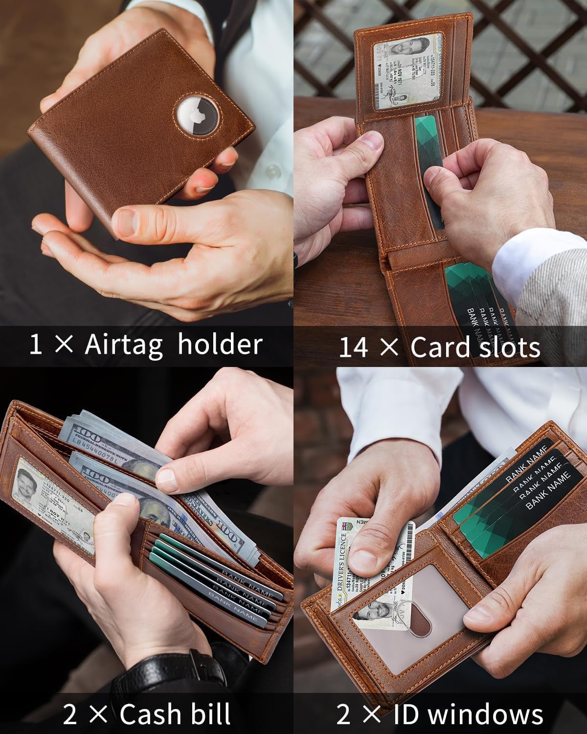 Airtag Wallet for Men – Slim RFID Blocking Genuine Leather Bifold with Airtag Holder, 14 Card Slots, and Gift Box - Abbycart