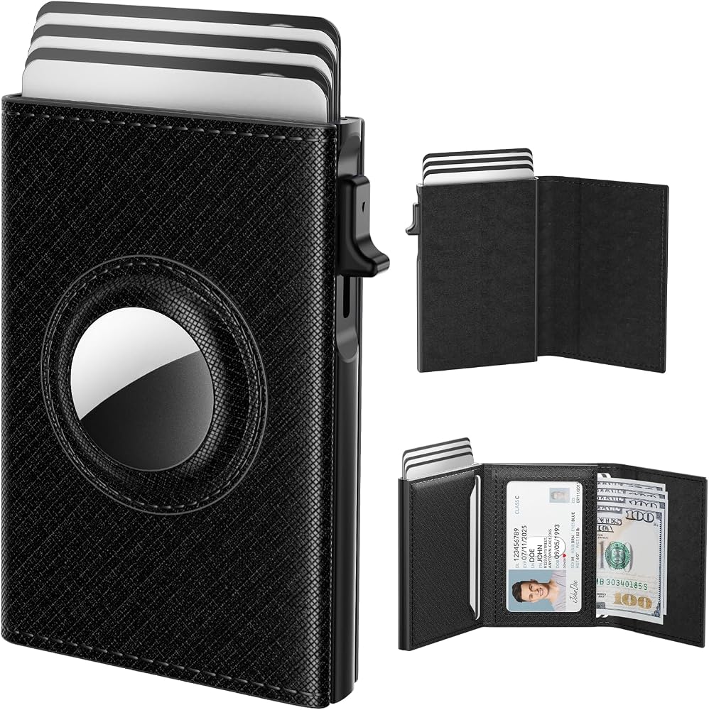 Airtag Wallet for Men - Slim RFID Blocking Leather Wallet with AirTag Holder, Pop-up Card Case, 9-14 Card Capacity