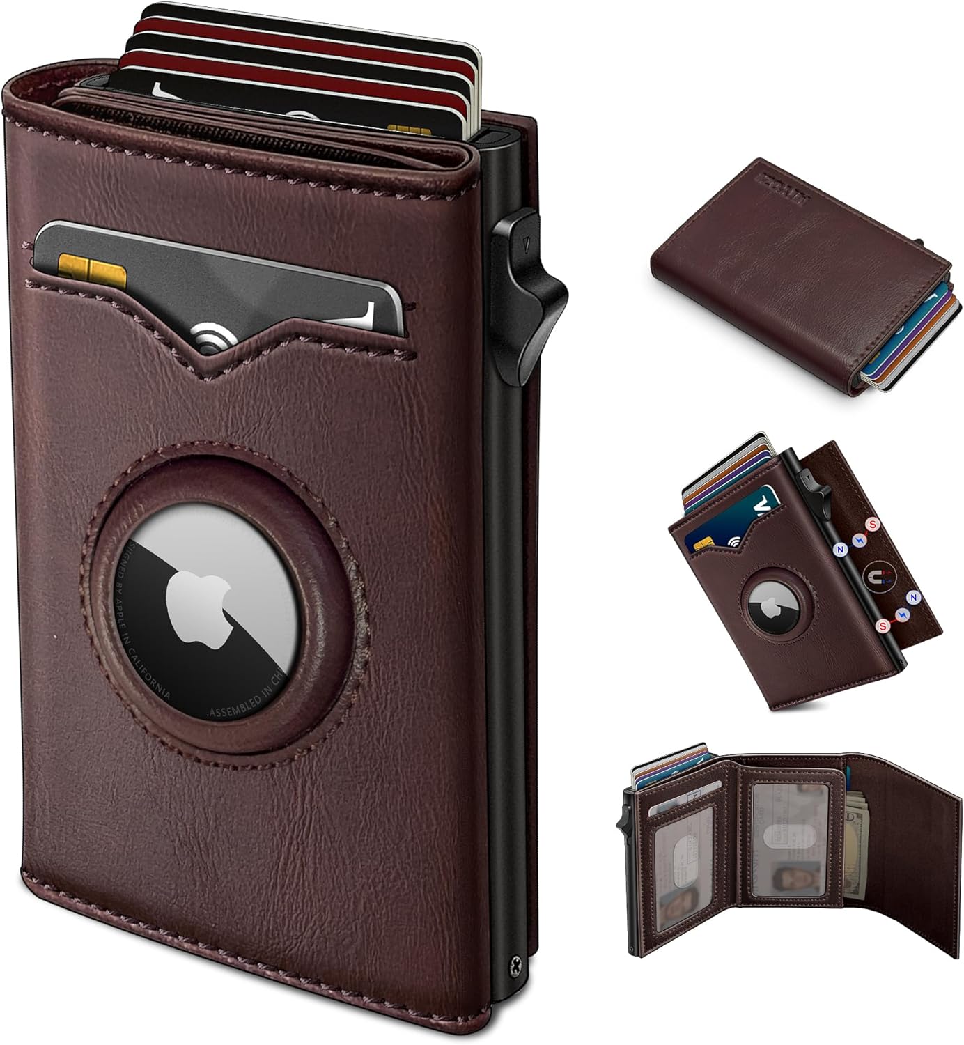 AirTag Wallet for Men with Cash Pocket, RFID Blocking Slim Leather Trifold Wallet with Magnetic Closure, Pop Up Card Holder, 2 ID Windows, Gift Box Included