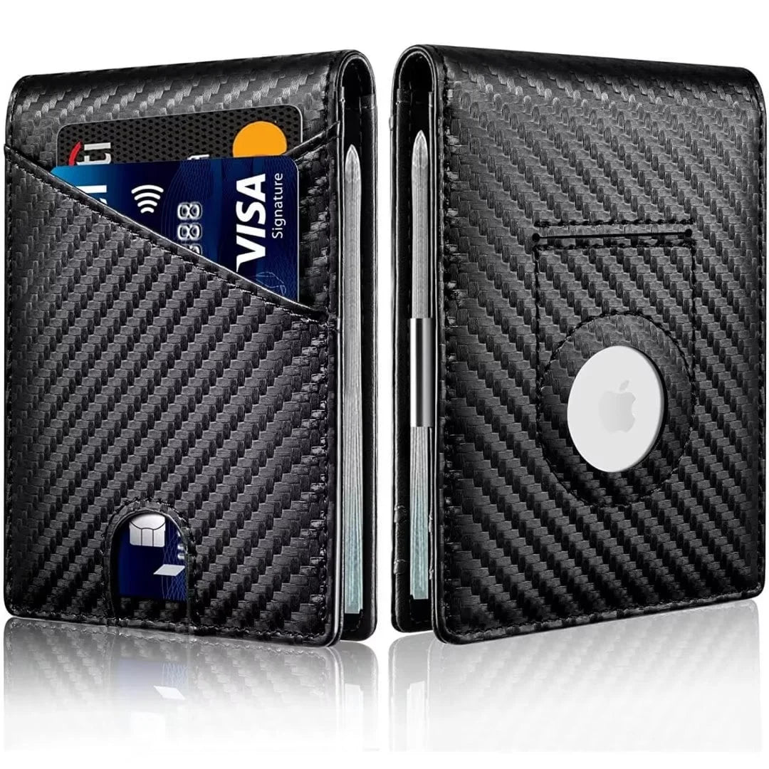 Compatible with Apple Airtag, Minimalist Bifold Leather Wallets with 12 Credit Card Holder & Money Clip, RFID Blocking for Gift Box, Black - Abbycart