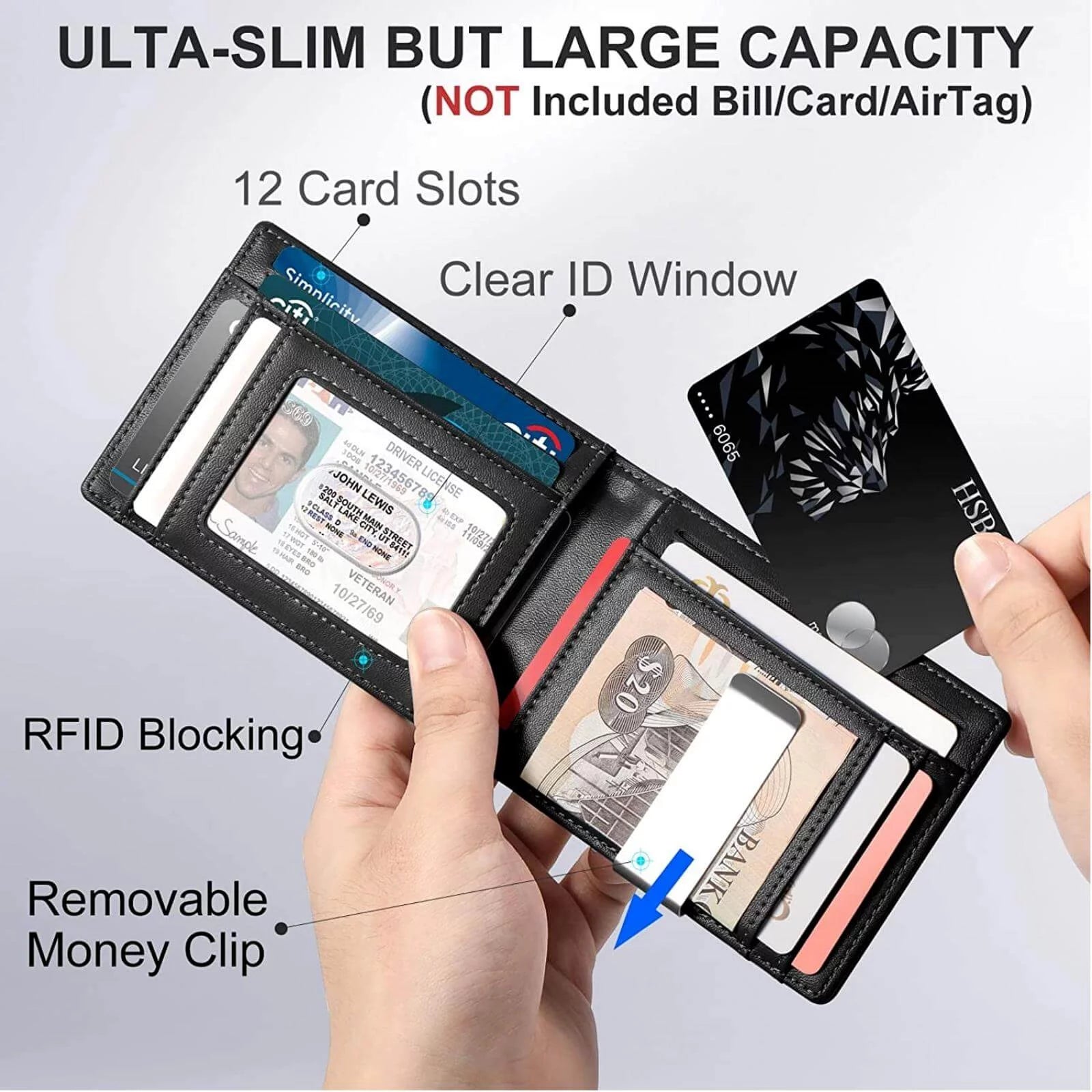 Compatible with Apple Airtag, Minimalist Bifold Leather Wallets with 12 Credit Card Holder & Money Clip, RFID Blocking for Gift Box, Black - Abbycart