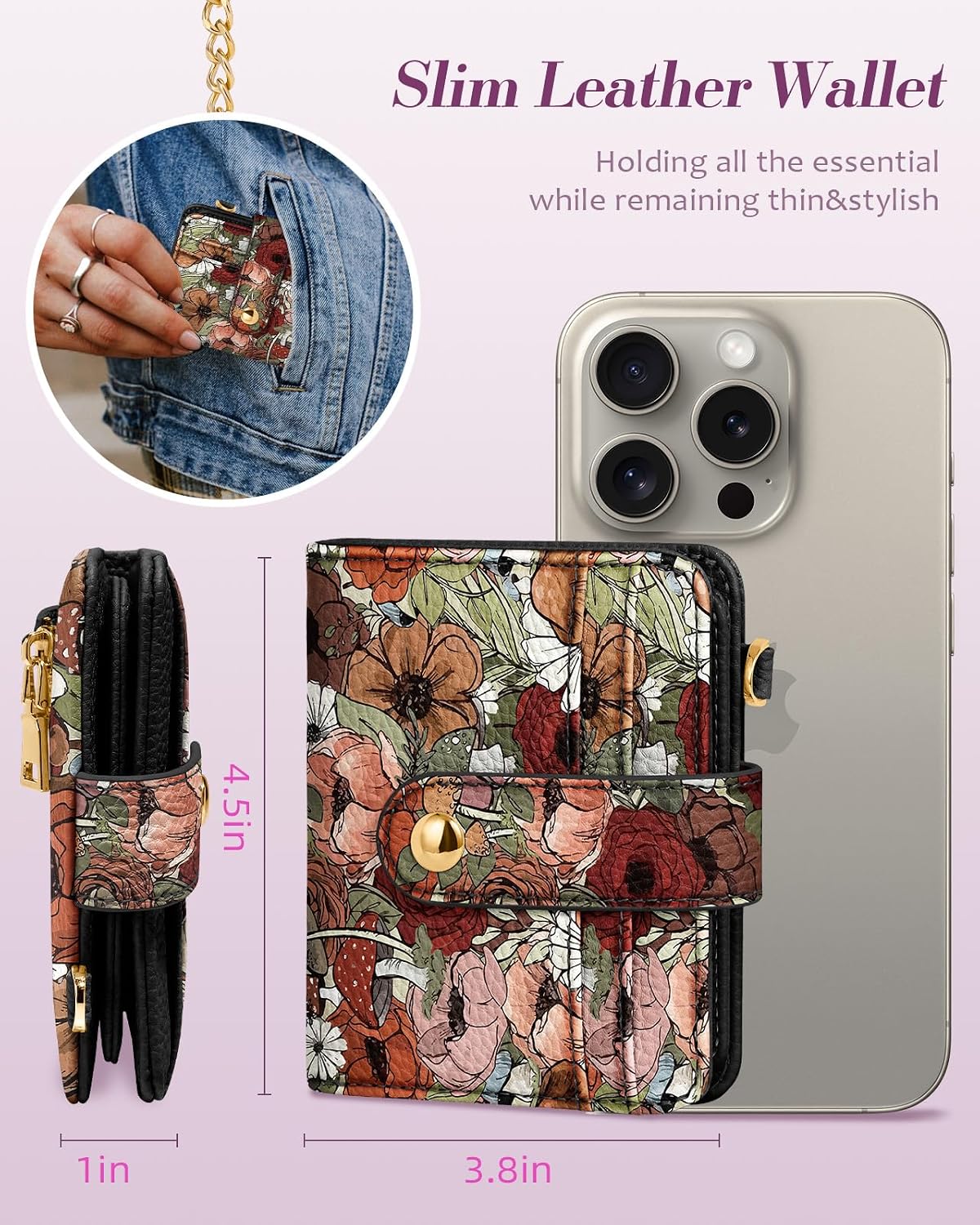 Bistup Wallet for Women Cute Small Card Wallet Genuine Leather Rfid with Keychain for Ladies Teen Girls Female Girly Aesthetic Flower Kawaii Unique Pretty Modern Bifold Credit Card Holder