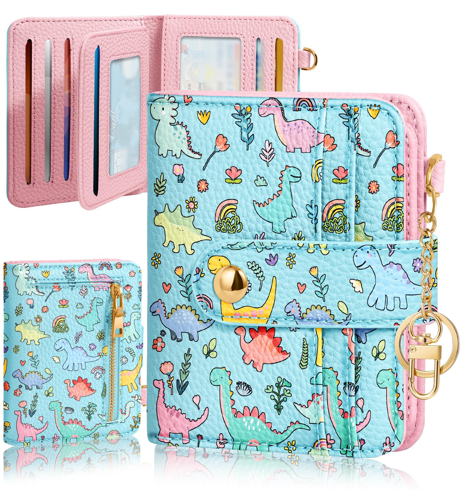 Cute Small RFID Leather Wallet for Women with Keychain Card Holder