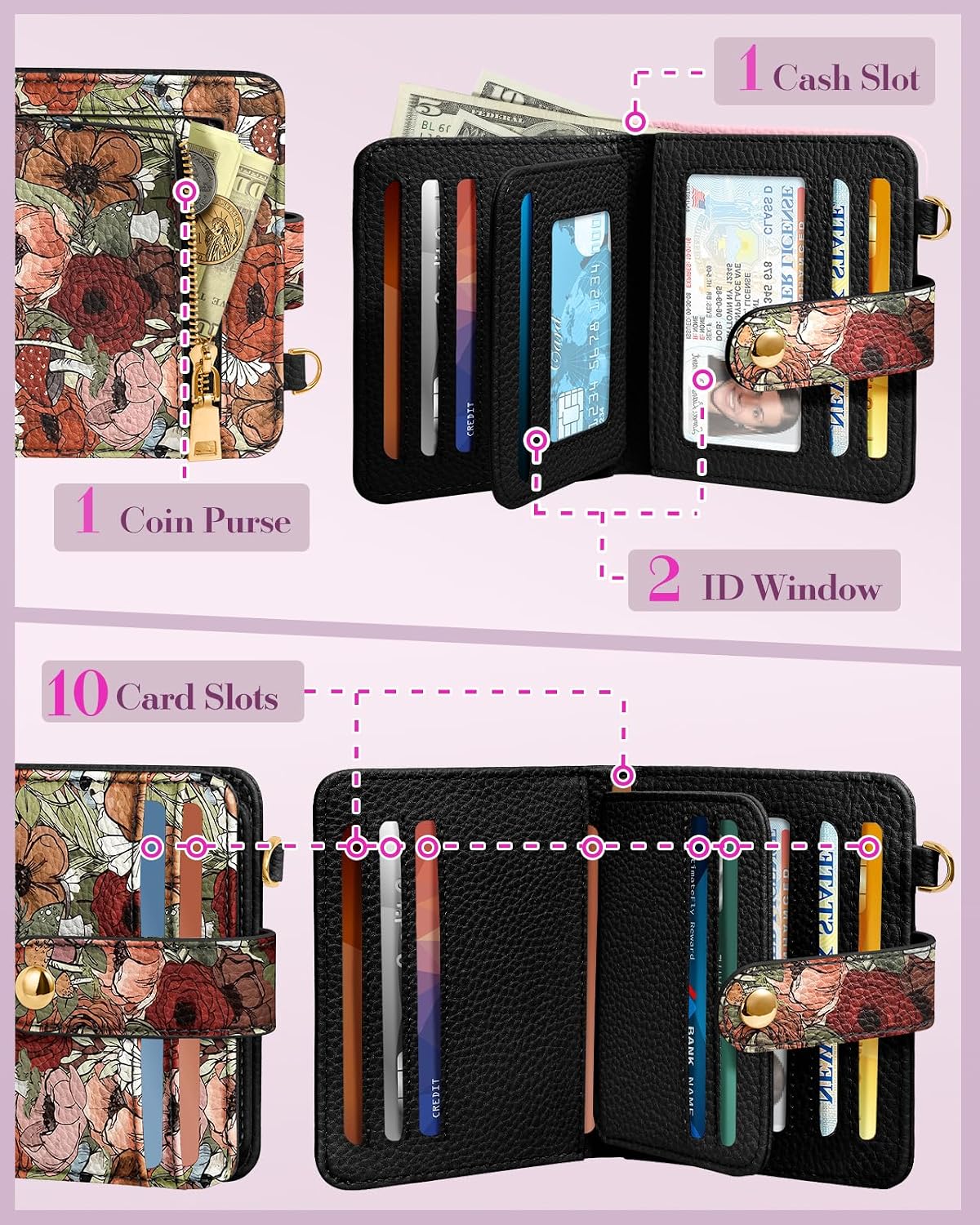 Bistup Wallet for Women Cute Small Card Wallet Genuine Leather Rfid with Keychain for Ladies Teen Girls Female Girly Aesthetic Flower Kawaii Unique Pretty Modern Bifold Credit Card Holder