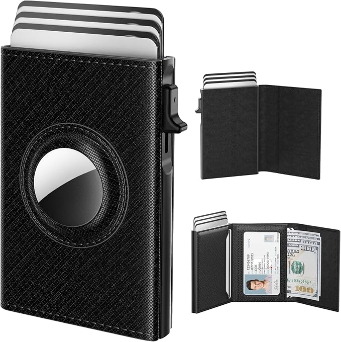 Men's RFID Leather Wallet with AirTag Holder - Slim & Secure Card Case