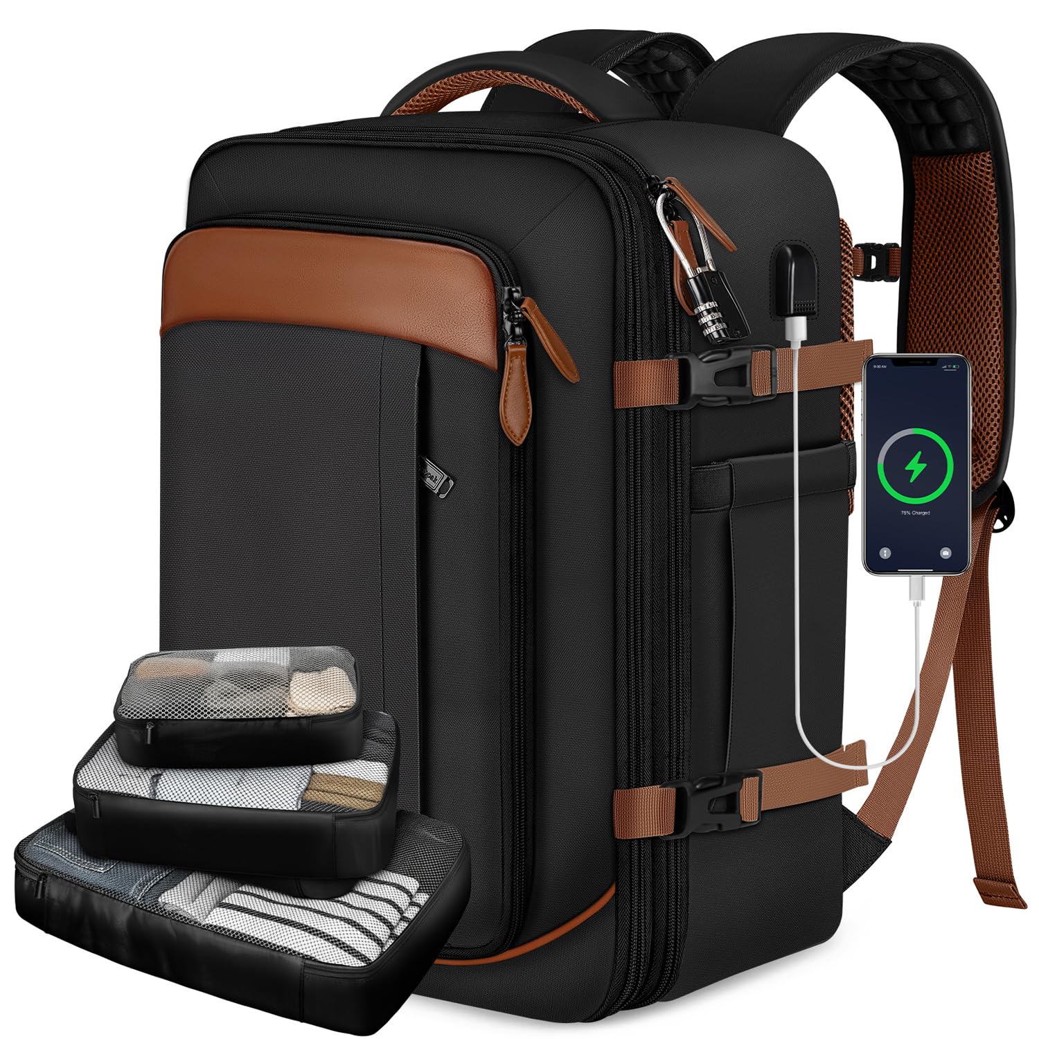 Expandable 40L Carry-On Travel Backpack with Packing Cubes & Laptop Sleeve