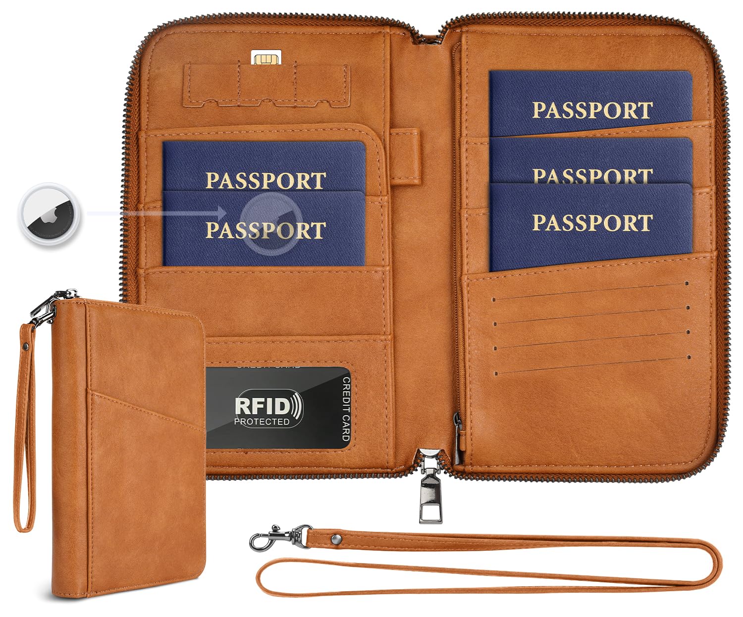 Family RFID Passport Holder Wallet with AirTag Pocket Travel Case