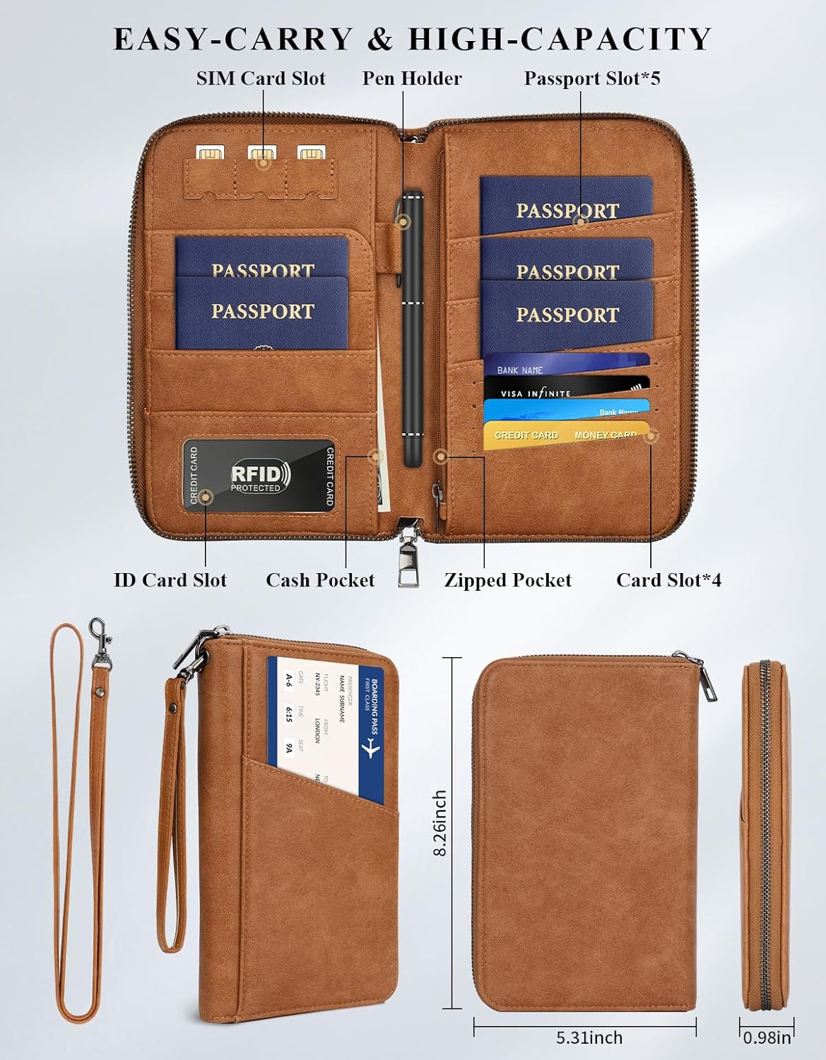 Family Passport Holder Wallet RFID Travel Document Organizer for Women Men, Portable Case Cover for Cards, Boarding Pass with Wrist/Neck Strap, Airtag Pocket, Travel Essentials Gifts -Light Brown, 1pc