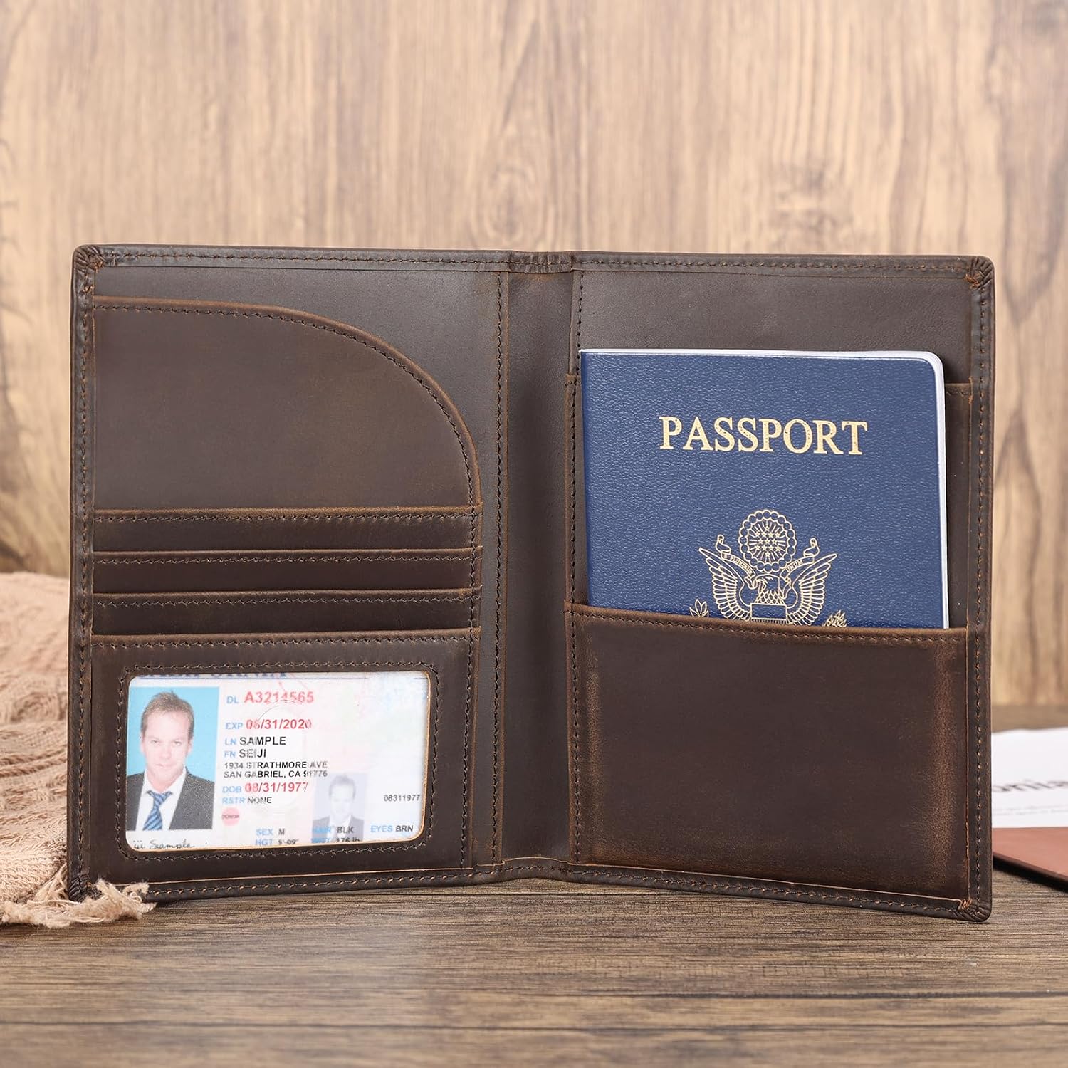 Polare Full Grain Leather Passport Holder RFID Blocking Travel Bifold Wallet Passport Holders 2 Passports (Dark Brown with AirTag Slot)