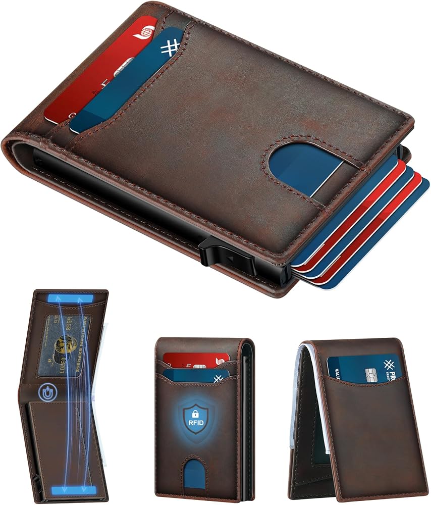 Full Grain Leather RFID Pop Up Wallet for Men Slim Front Pocket
