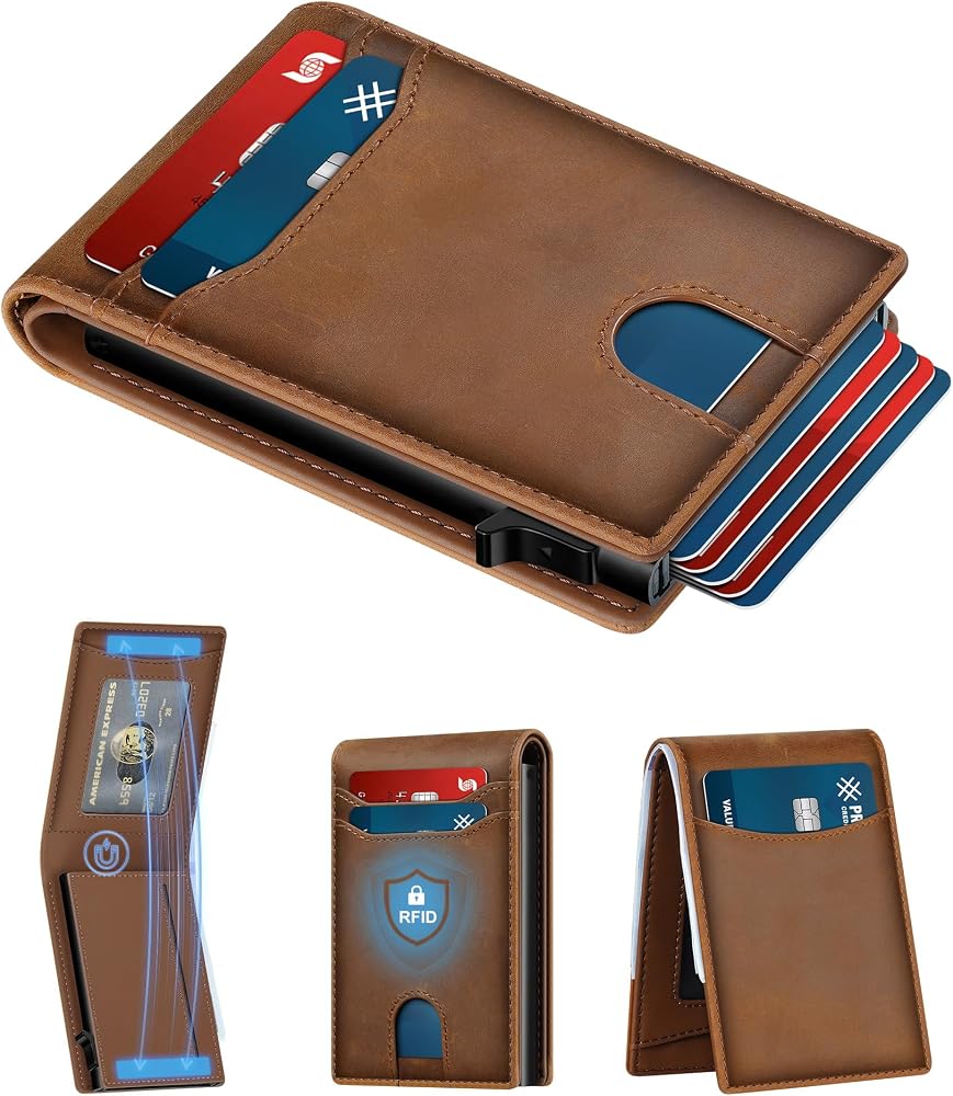 Full Grain Leather RFID Pop Up Wallet for Men Slim Front Pocket