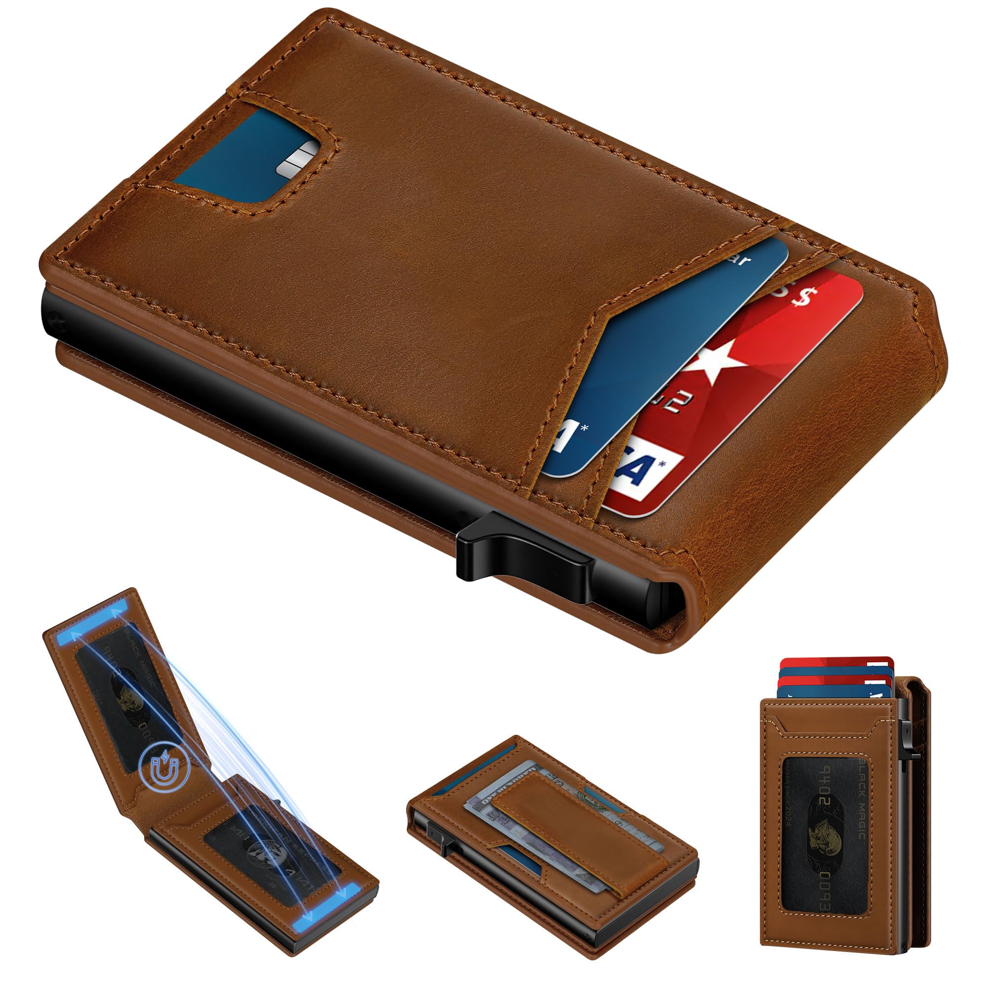 Full Grain Leather RFID Pop Up Wallet for Men Slim Front Pocket