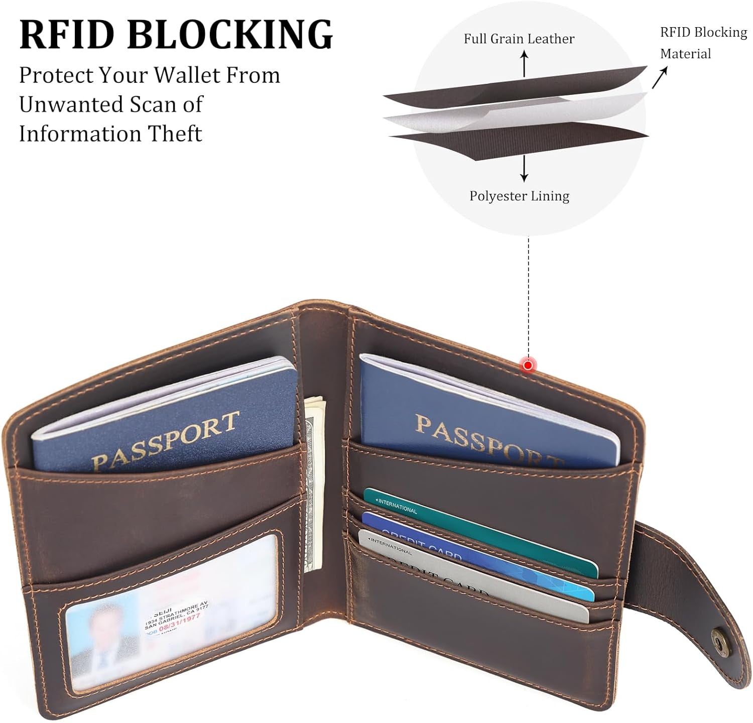 Full Grain Leather RFID Travel Wallet with AirTag Holder | Slim Bifold Passport Wallet for Men - Abbycart