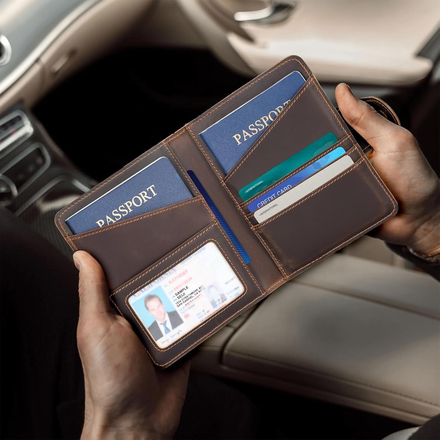 Full Grain Leather RFID Travel Wallet with AirTag Holder | Slim Bifold Passport Wallet for Men - Abbycart