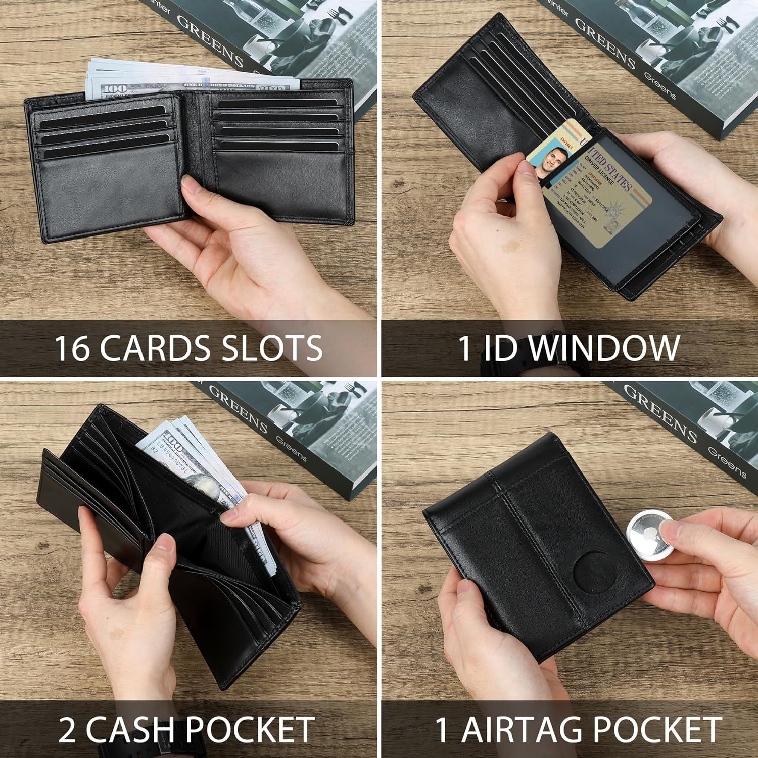 Genuine Leather Airtag Wallet for Men – RFID Blocking Bifold with 16 Card Slots & ID Window - Abbycart