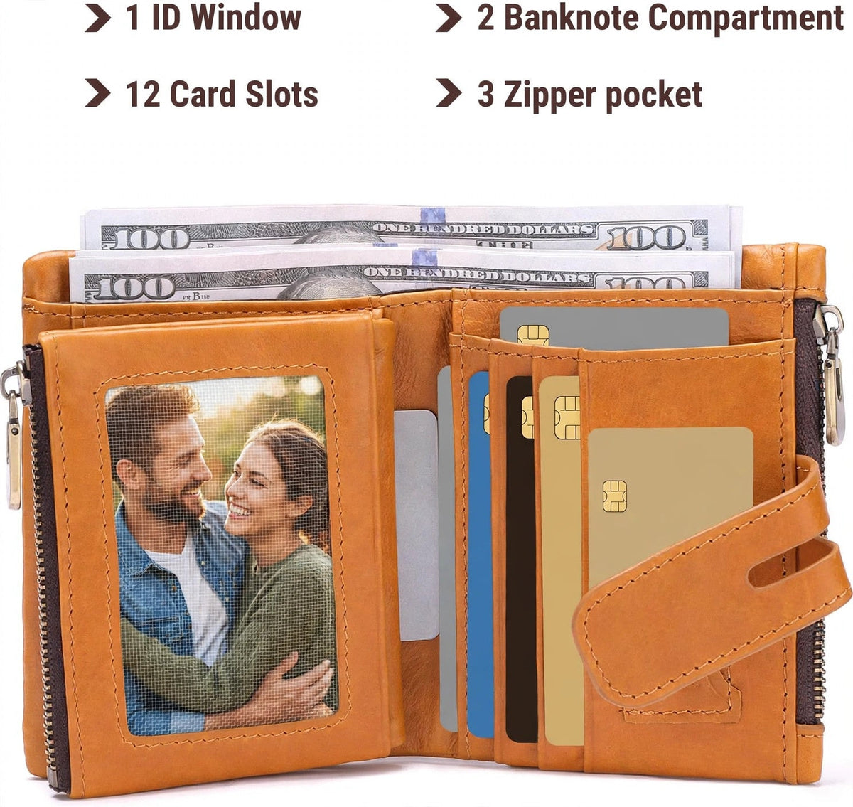 Genuine leather chain wallet for men featuring a rugged biker-style design, metal security chain, and multiple card slots on a neutral background.