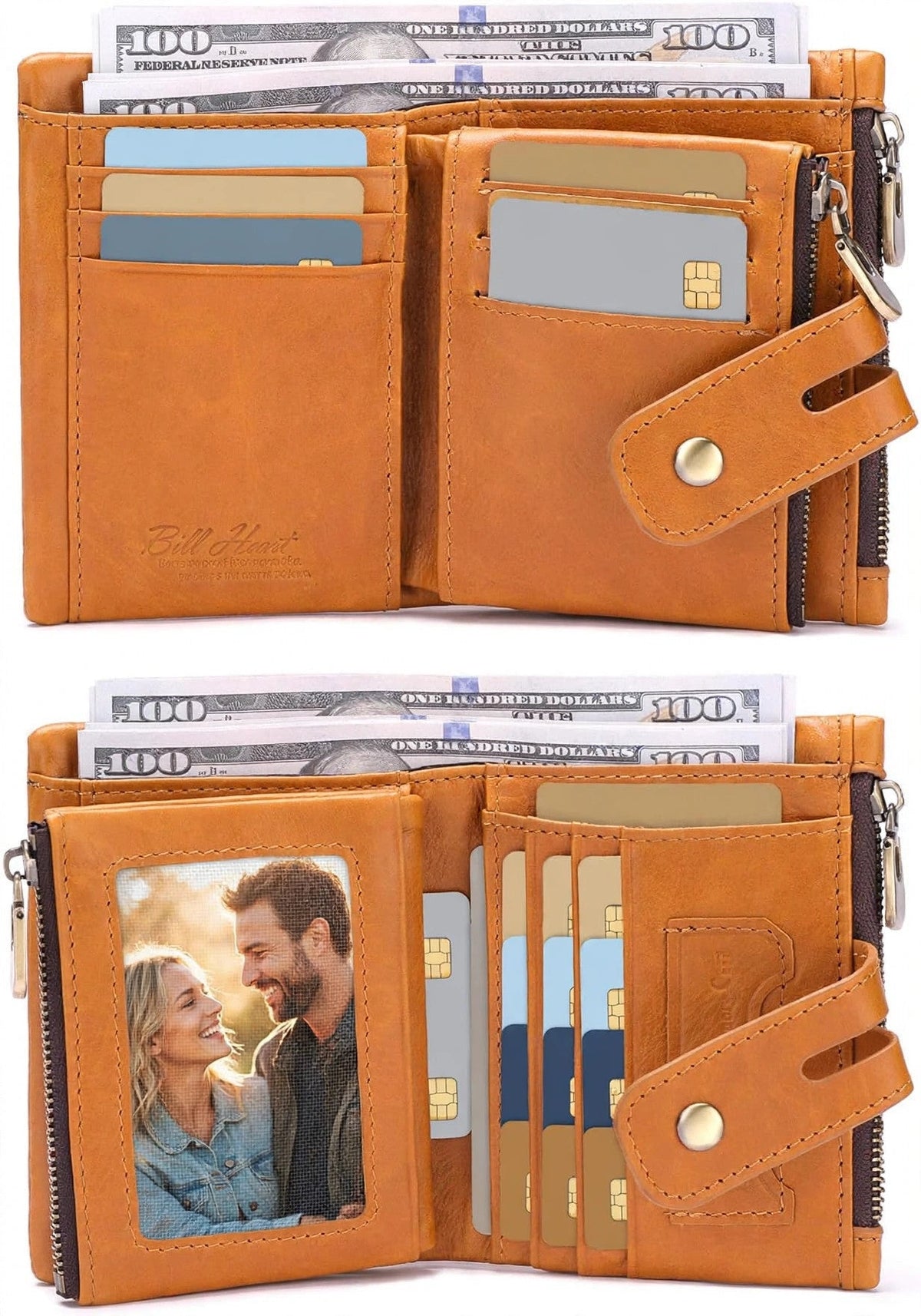 Genuine leather men's bifold biker wallet in brown featuring a metal anti-theft chain, multiple card slots, and a structured, rugged design.