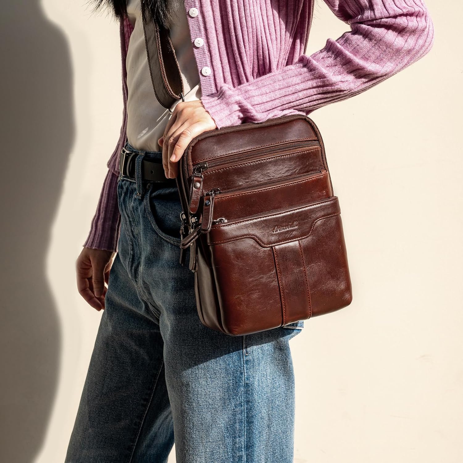 Leather Messenger Bag for Men, Small Leather Sling Shoulder Bag Messenger Pack for Men, Man Purse