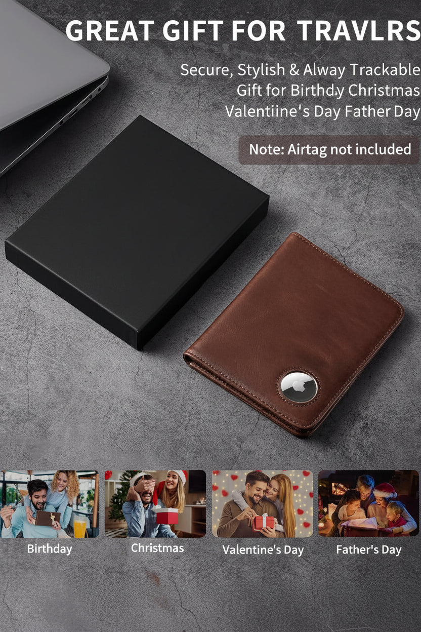 Genuine Leather Passport Holder with AirTag Slot & RFID Blocking Wallet - Abbycart