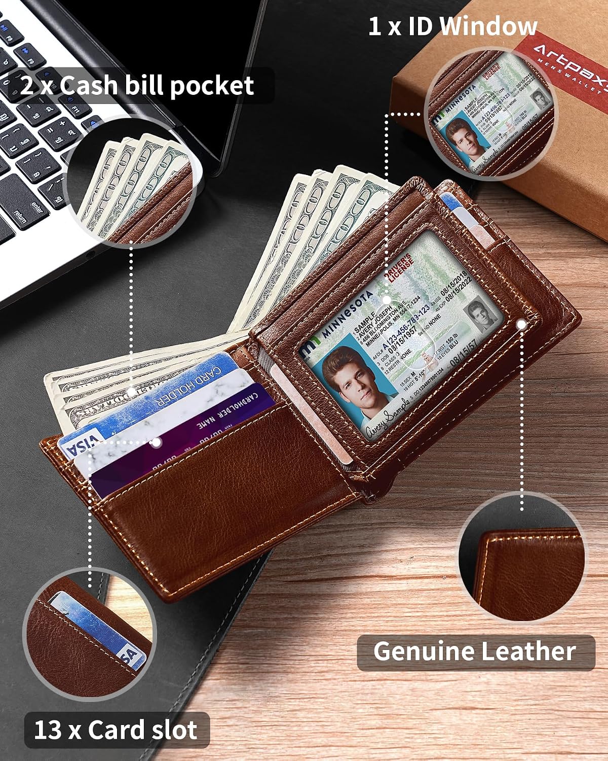 Artpaxy Mens Wallet Bifold Genuine Leather RFID Blocking Wallet for Men with 1 ID Window 13 Card Holders 2 cash pockets 1 Gift Box