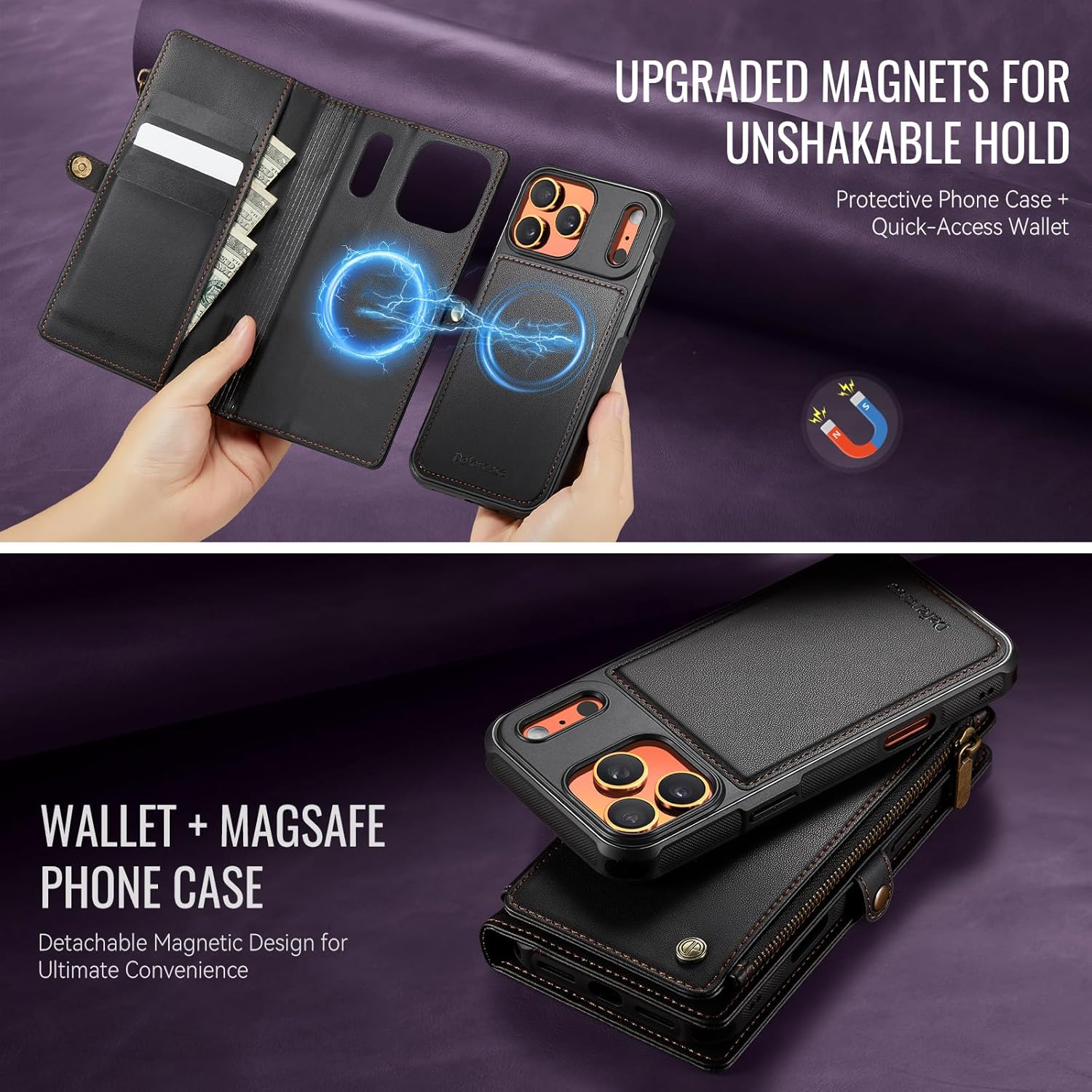 Defencase for iPhone 17 Pro Max Magnetic Wallet Case Compatible with Magsafe with RFID Blocking Zipper & Card Holder for Women Men PU Leather Strap Detachable Case for iPhone 17 Pro Max 6.9", Black