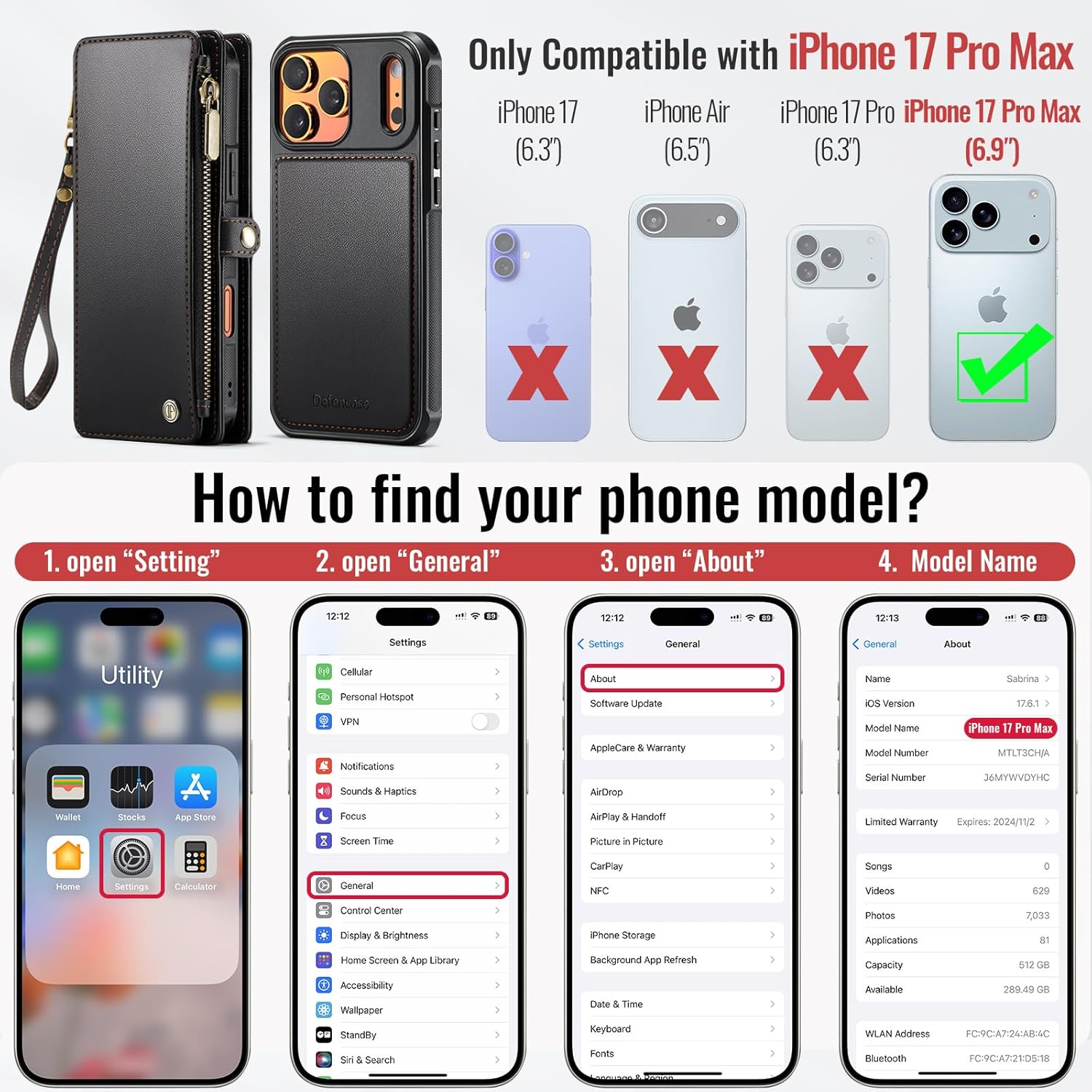 Defencase for iPhone 17 Pro Max Magnetic Wallet Case Compatible with Magsafe with RFID Blocking Zipper & Card Holder for Women Men PU Leather Strap Detachable Case for iPhone 17 Pro Max 6.9", Black
