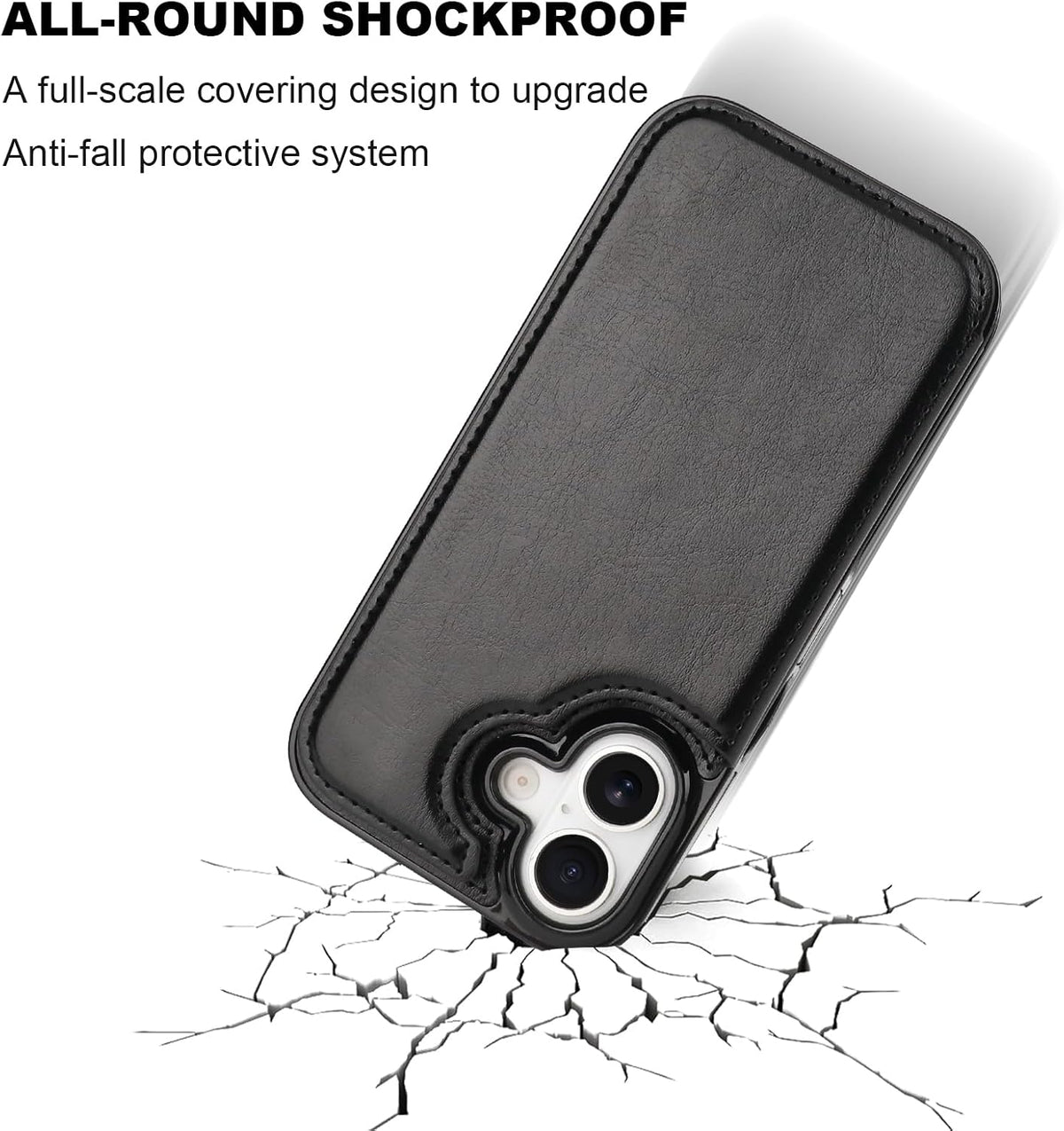 Black wallet case in a drop-protection graphic, highlighting the full-coverage shockproof shell guarding the iPhone 17.