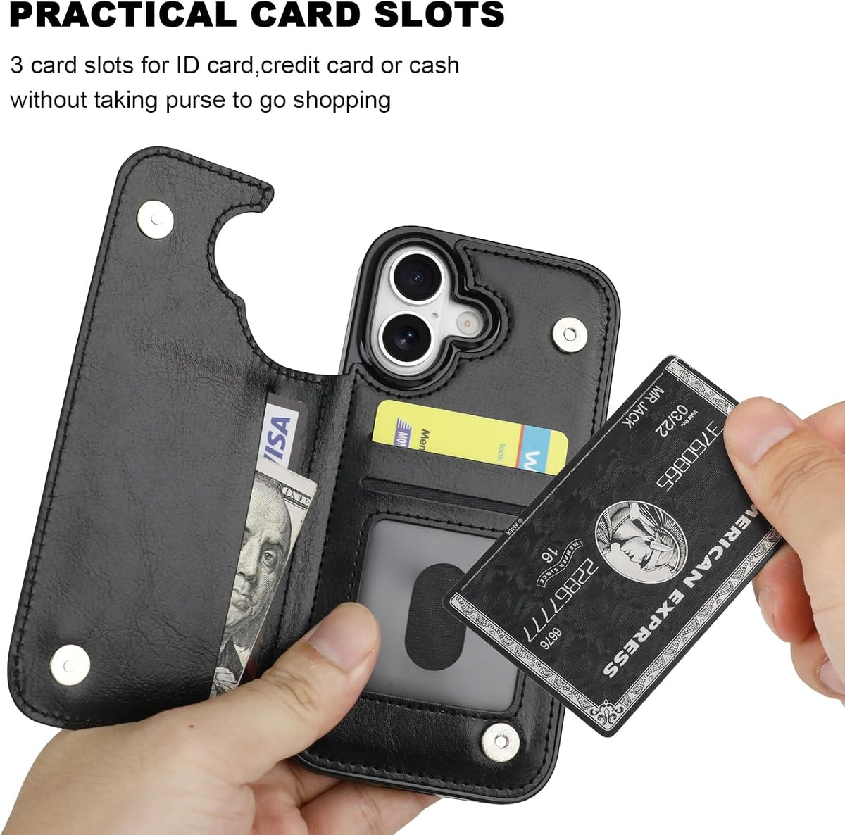 Black wallet case held open while a card is inserted, showing the card slots, folded cash in the flap pocket and the clear ID window.