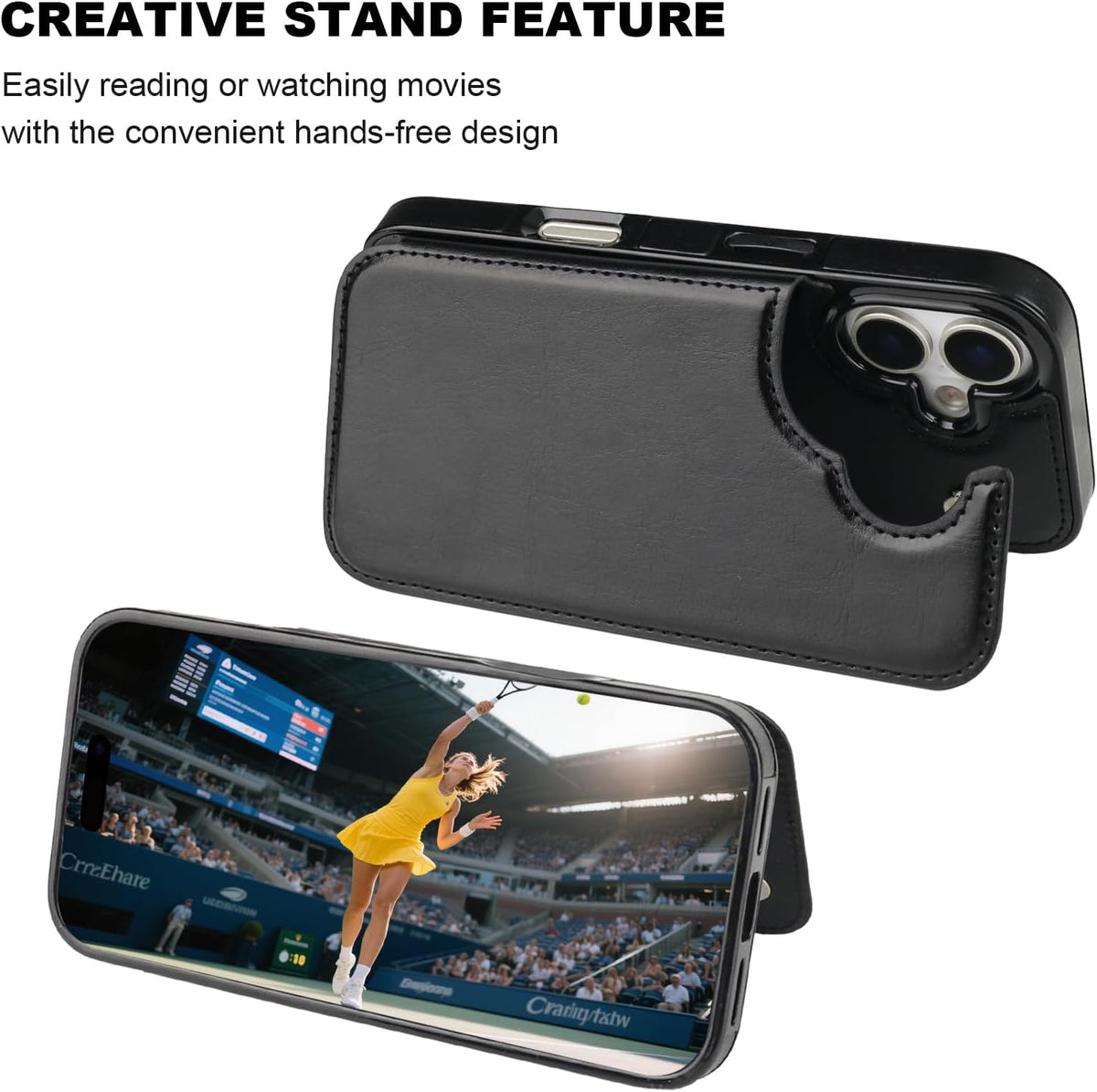 Black wallet case propping an iPhone 17 up in landscape mode as a hands-free stand for watching videos and movies.