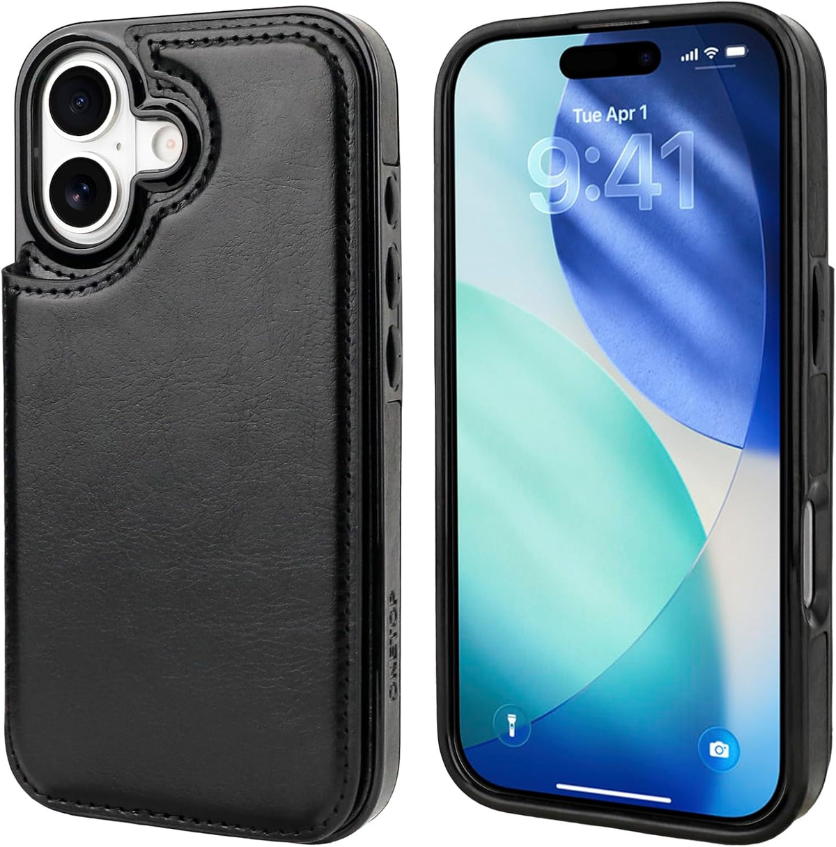 Black PU leather wallet case fitted on an iPhone 17, shown from the back and front with the dual-camera cutout and raised screen bezel.