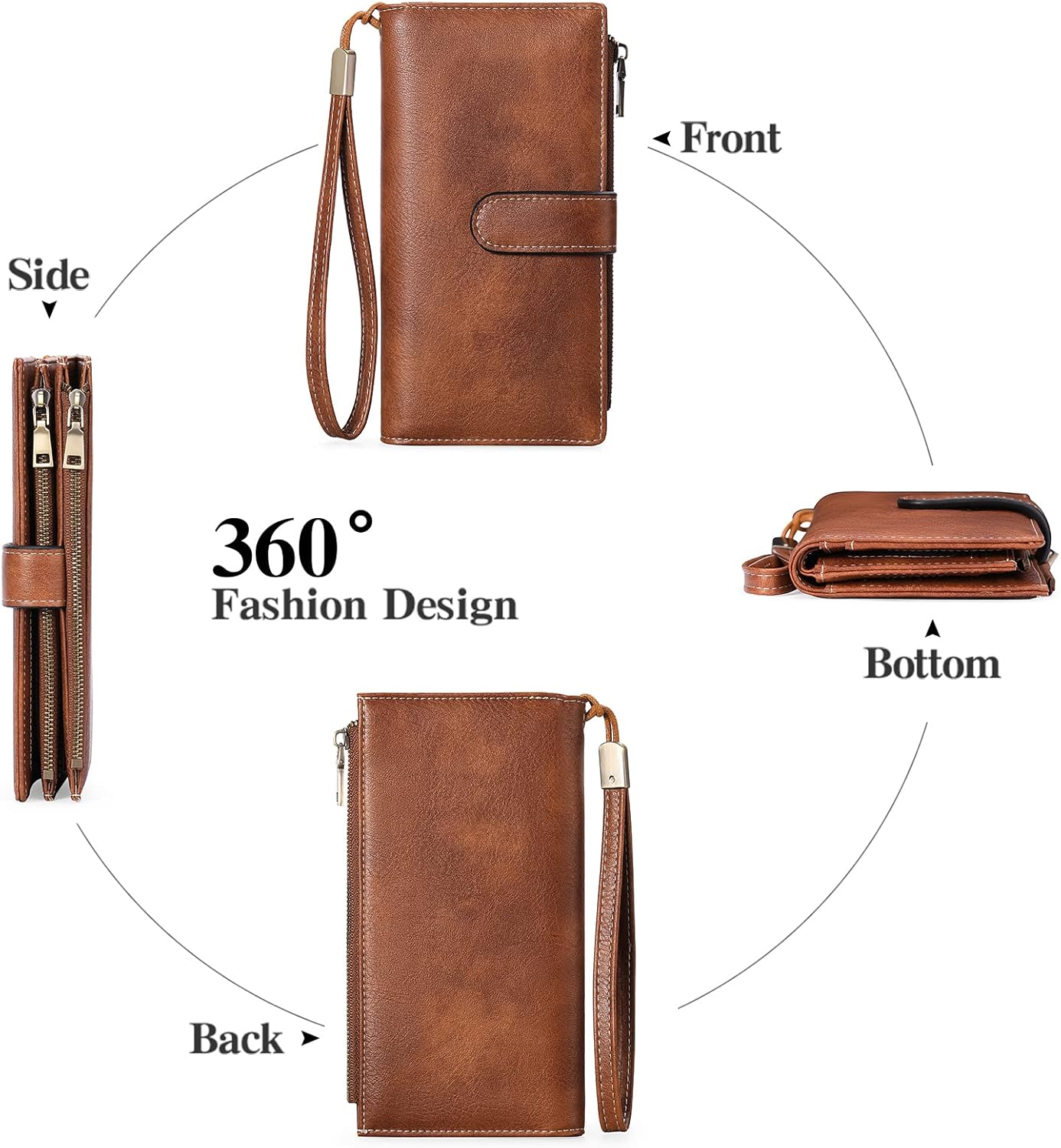 GOIACII Wallet for Women Large Wristlet Purse Trifold Clutch Brown | RFID Blocking, Soft Leather, Spacious Storage Capacity, 5 ID Windows, 2 Zipper Coin Pockets, 5 Compartments, Wrist Strap