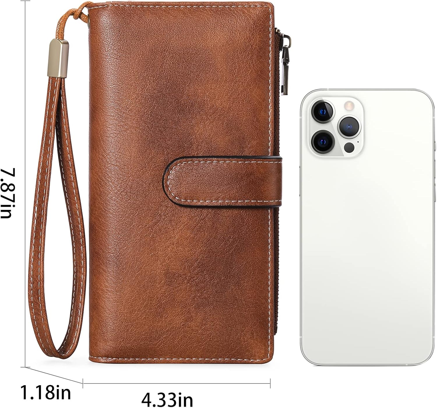 GOIACII Wallet for Women Large Wristlet Purse Trifold Clutch Brown | RFID Blocking, Soft Leather, Spacious Storage Capacity, 5 ID Windows, 2 Zipper Coin Pockets, 5 Compartments, Wrist Strap