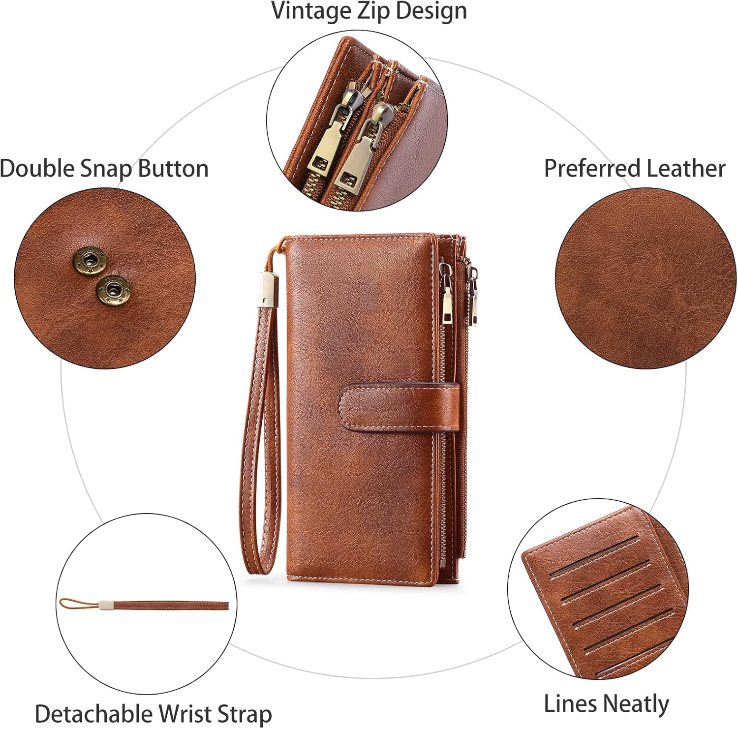 GOIACII Wallet for Women Large Wristlet Purse Trifold Clutch Brown | RFID Blocking, Soft Leather, Spacious Storage Capacity, 5 ID Windows, 2 Zipper Coin Pockets, 5 Compartments, Wrist Strap
