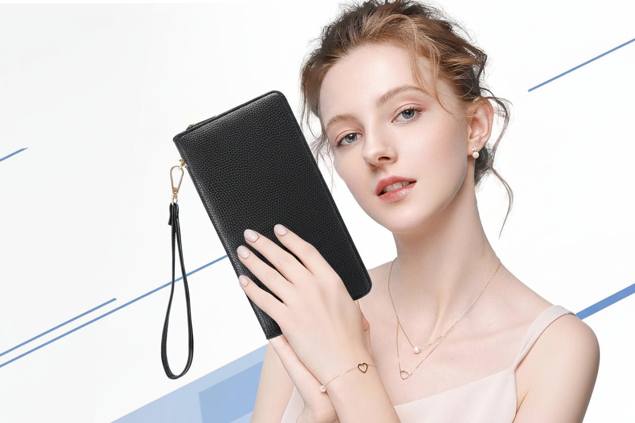 Large RFID Blocking Women’s Clutch Wallet with Wrist Strap & Zipper