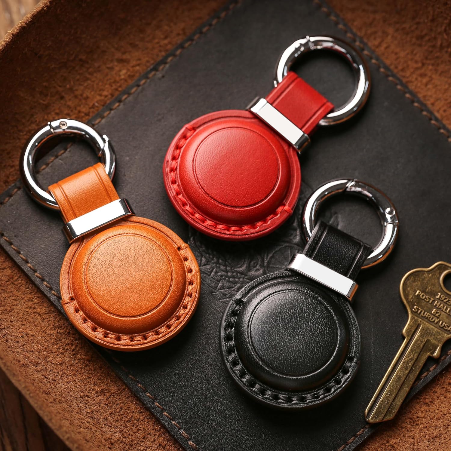 Leather Air Tag Key chain Holder Durable Case with Ring Clip