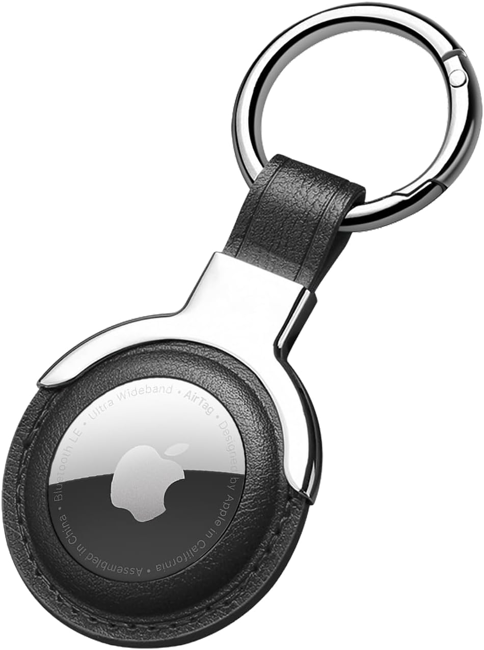 Leather AirTag Keychain Case, Protective Loop Holder with Snap Closure for Keys, Luggage, Pet Collar & Bags