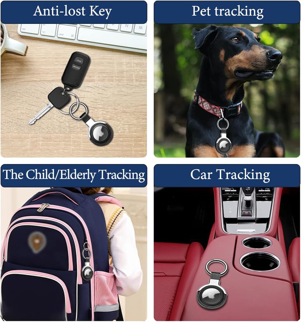 Leather AirTag Keychain Case, Protective Loop Holder with Snap Closure for Keys, Luggage, Pet Collar & Bags