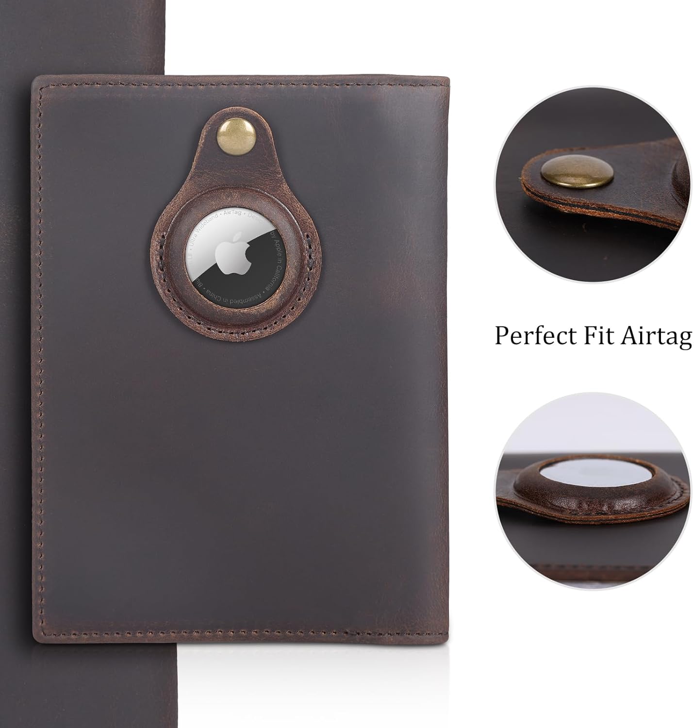 Leather Passport Holder Air Tag Slot RFID Slim Bifold Wallet