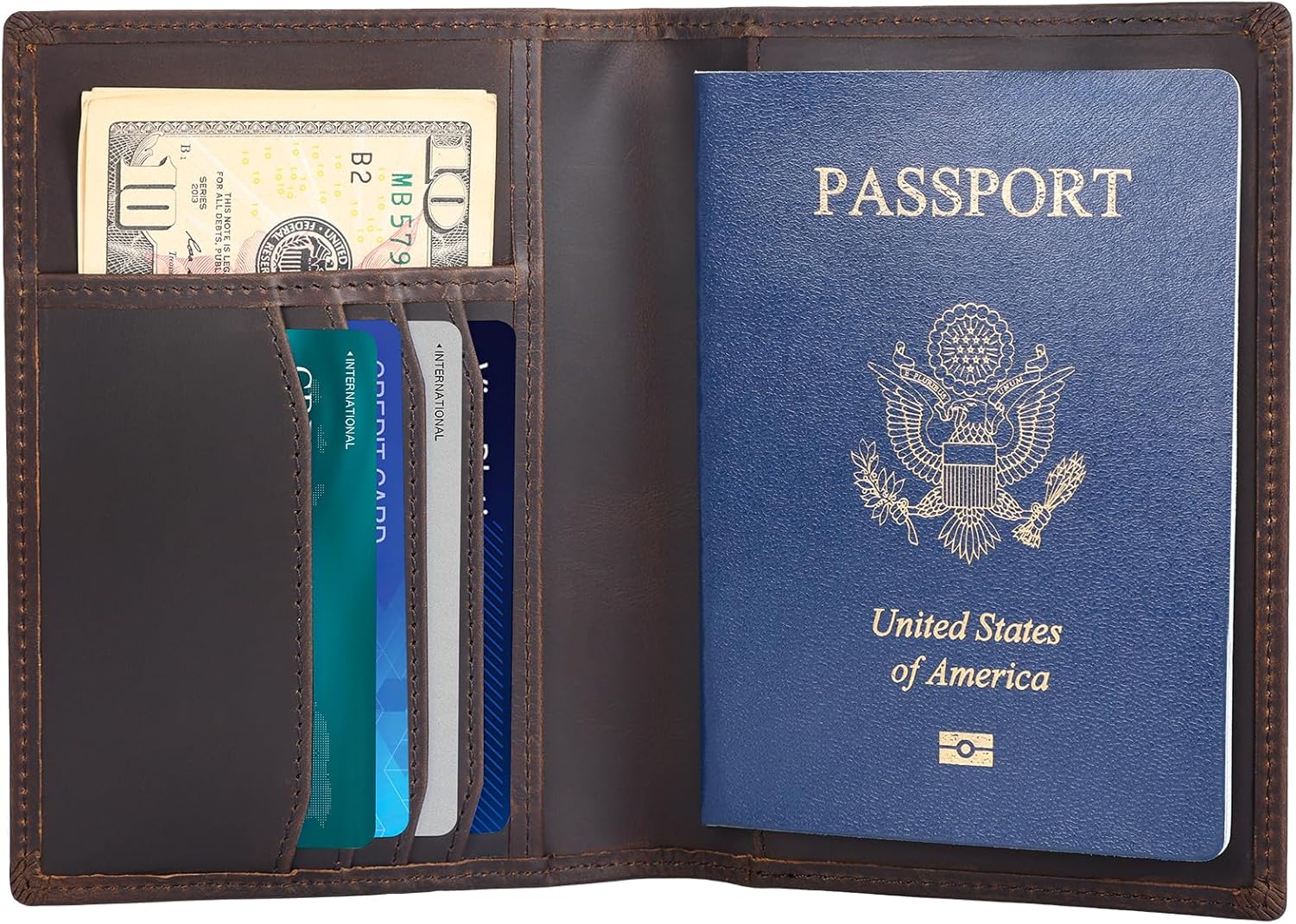 Leather Passport Holder Air Tag Slot RFID Slim Bifold Wallet