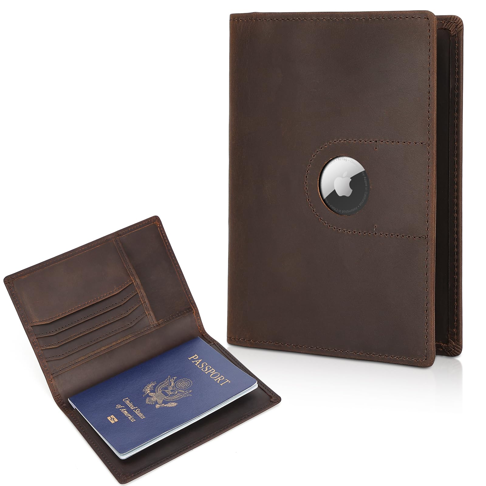 Leather Passport Holder Air Tag Slot RFID Slim Bifold Wallet
