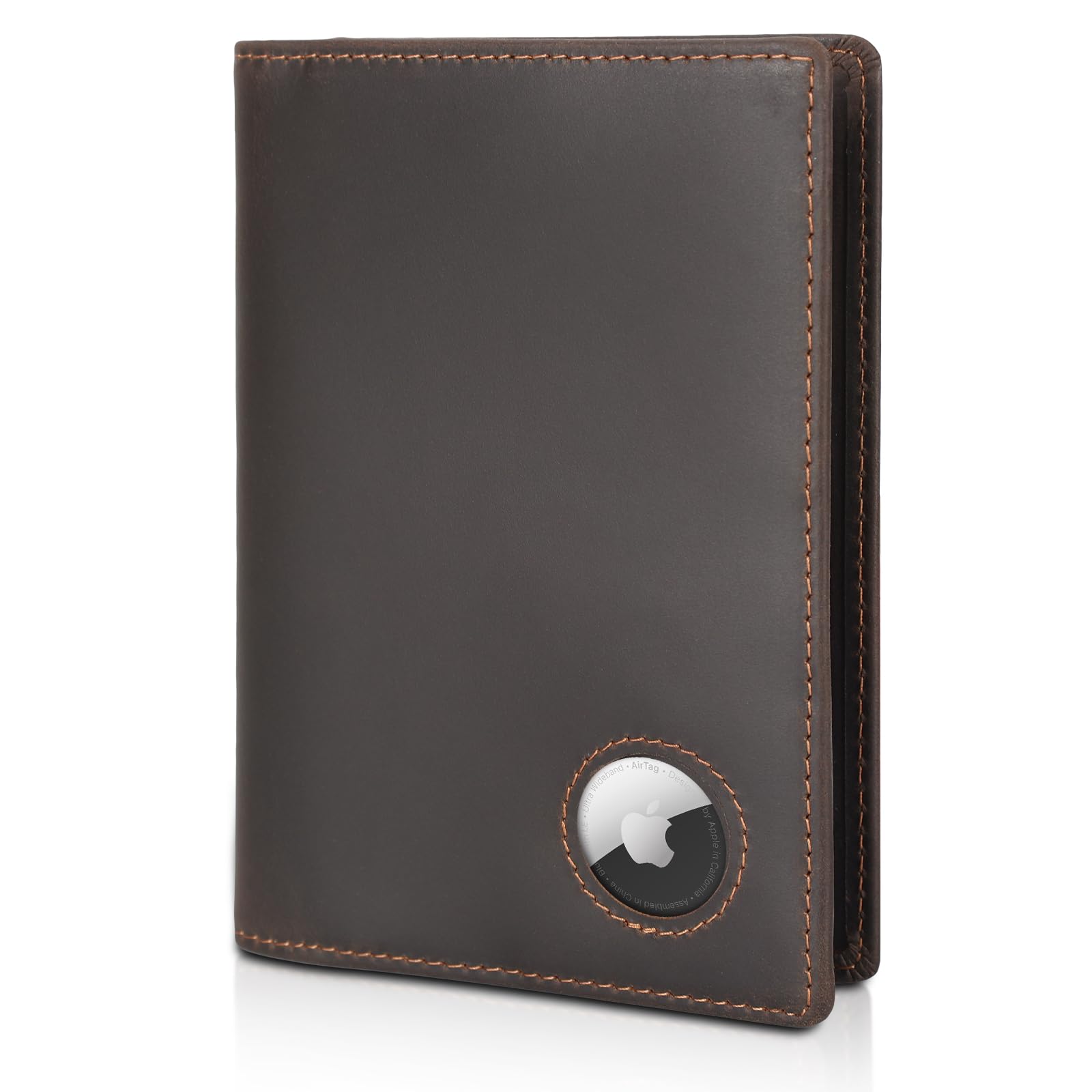Leather Passport Holder Air Tag Slot RFID Slim Bifold Wallet